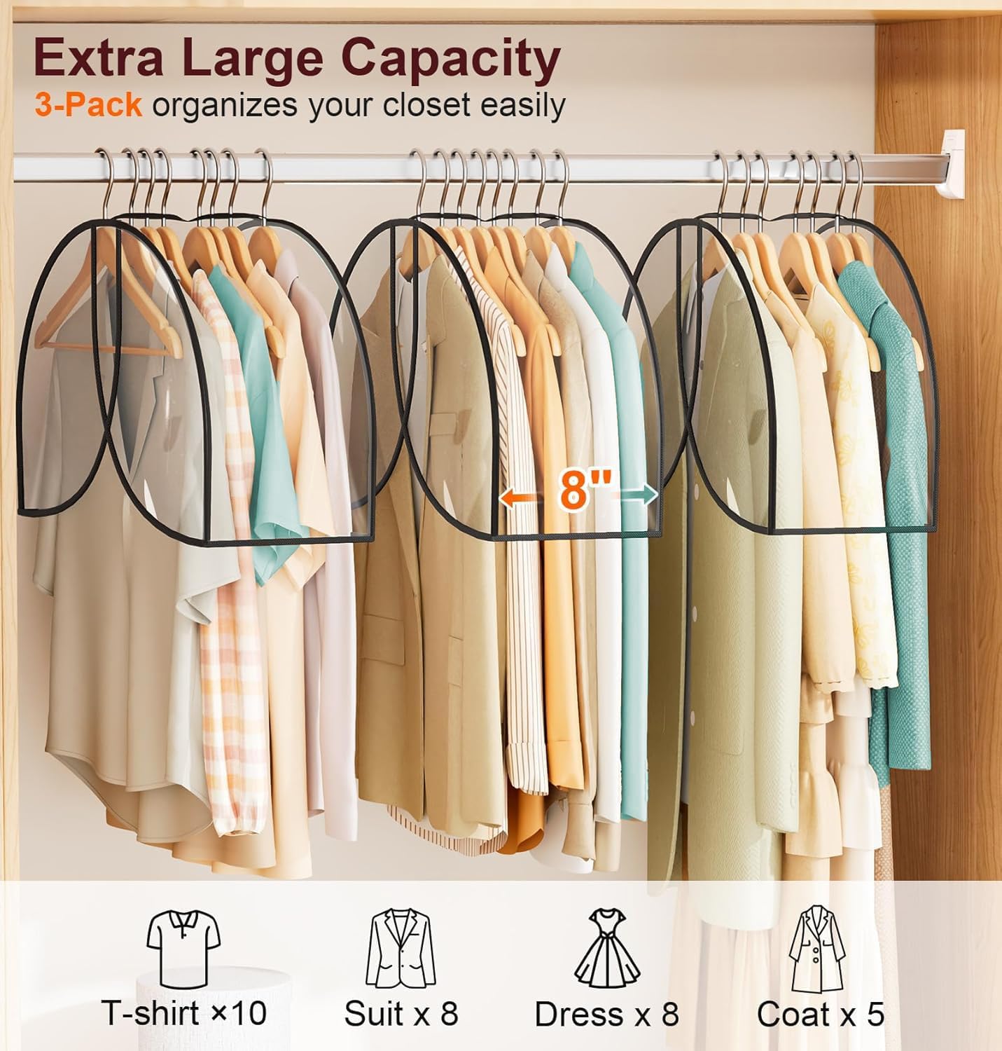 KEETDY 8" Gusseted Shoulder Cover Wide Garment Covers for Clothes Storage Clear Clothes Cover for Hanging Dustproof Clothes Protectors for Clothes for Suits, Shirts, Coats 3-Pack