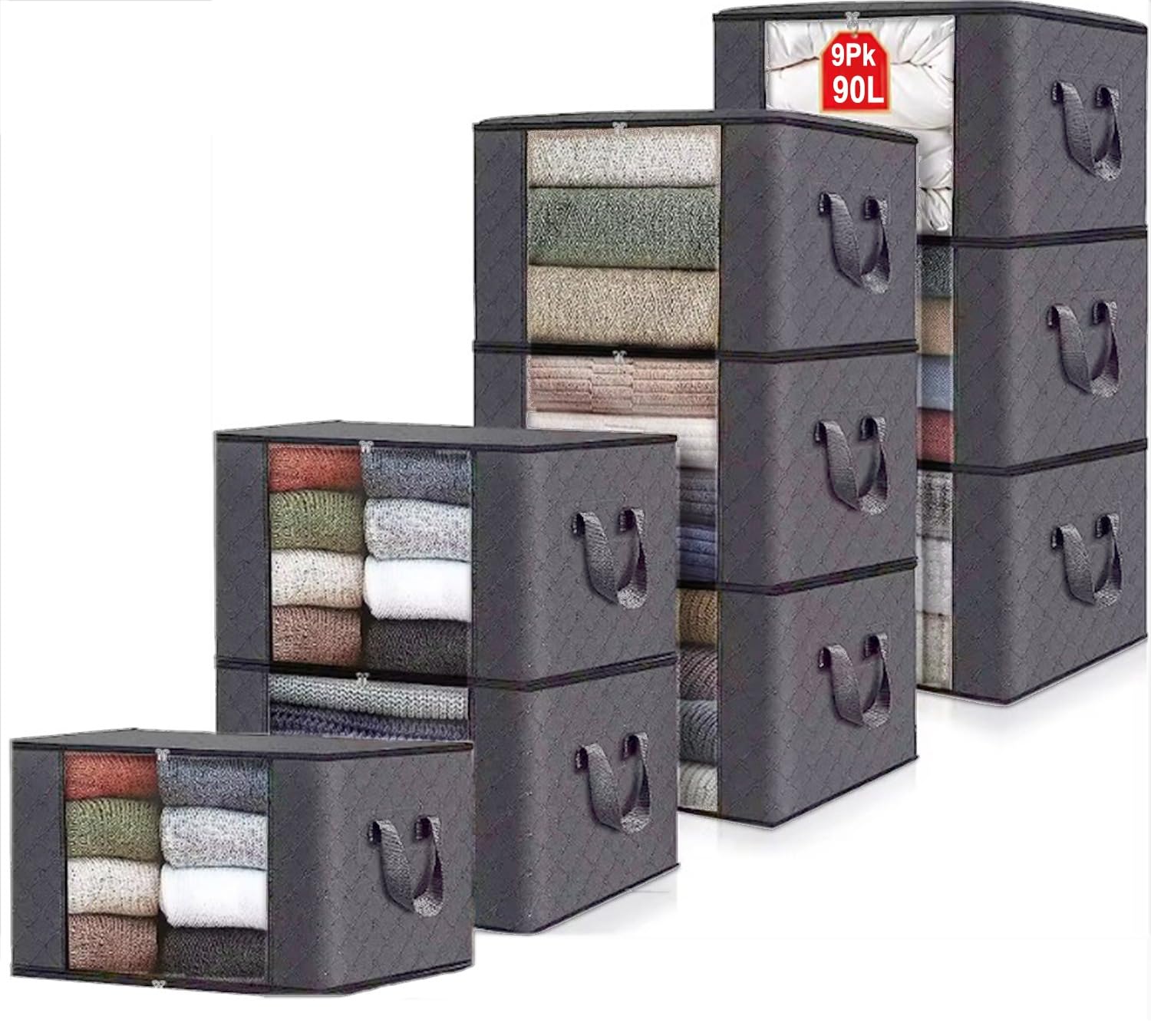 Casabella 90L Storage Bags - 9 Pack Clothes Storage Bags with Lids, Large Capacity Foldable Wardrobe Storage, Packing Boxes for Moving House Reinforced Handles & Clear Window for Blankets, Grey