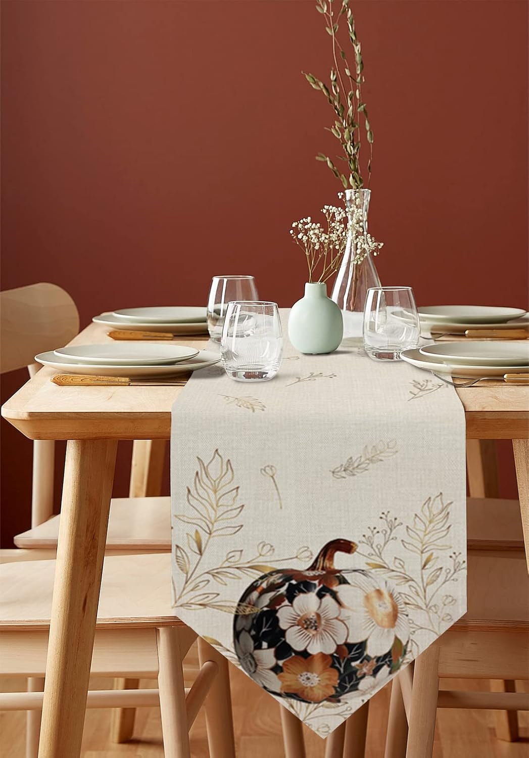 Thanksgiving Table Runner Fall Pumpkin Flower Texture Linen Table Dresser Scarf Gold Leaves Autumn Kitchen Dining Home Farmhouse Holiday Party Tables Decoration,13x70in