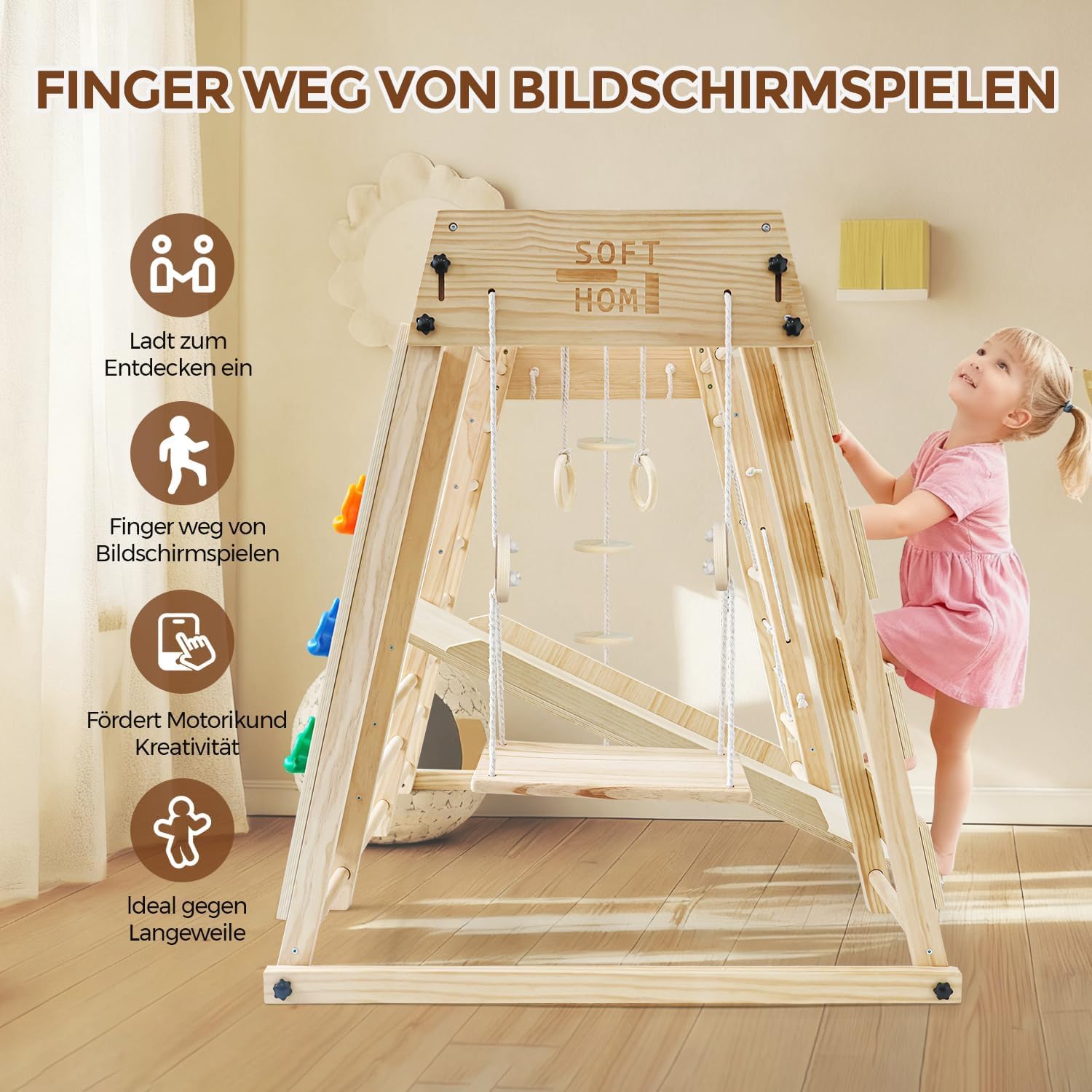 Klettergerüst Indoor, Groß&Klappbar, 12 in 1 Montessori Indoor Spielplatz für Kinder, Multifunktional Kletterausrüstung mit Rutsche/Schaukel/Kletterdreieck/Kletternetz, Kinderzimmer, Natur