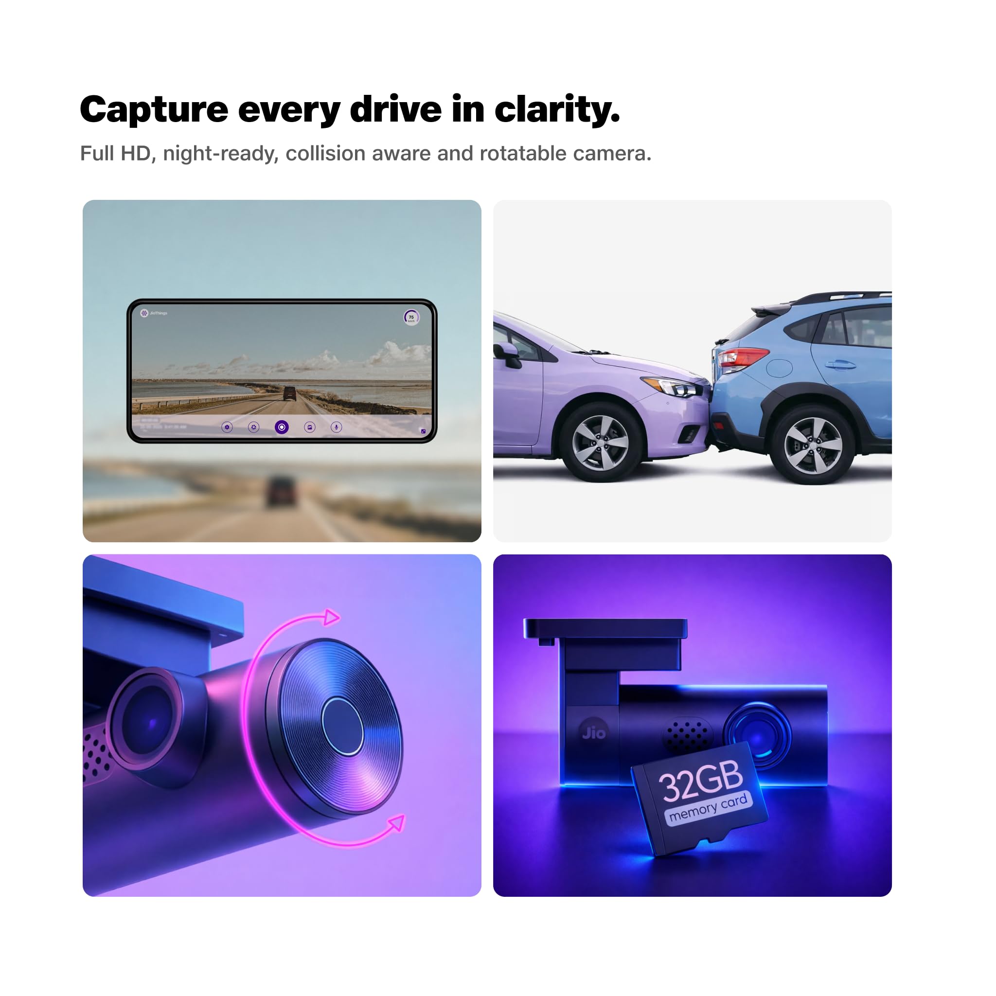 JioEyeQ Dashcam (2026) with GPS |1080p Camera | 140° Ultrawide FOV | AI Pedestrian Detection | 32GB Micro SD Included | Night Vision| Emergency Recording | Collision Detection | Built in Wi-fi & Mic — Amazon image 3