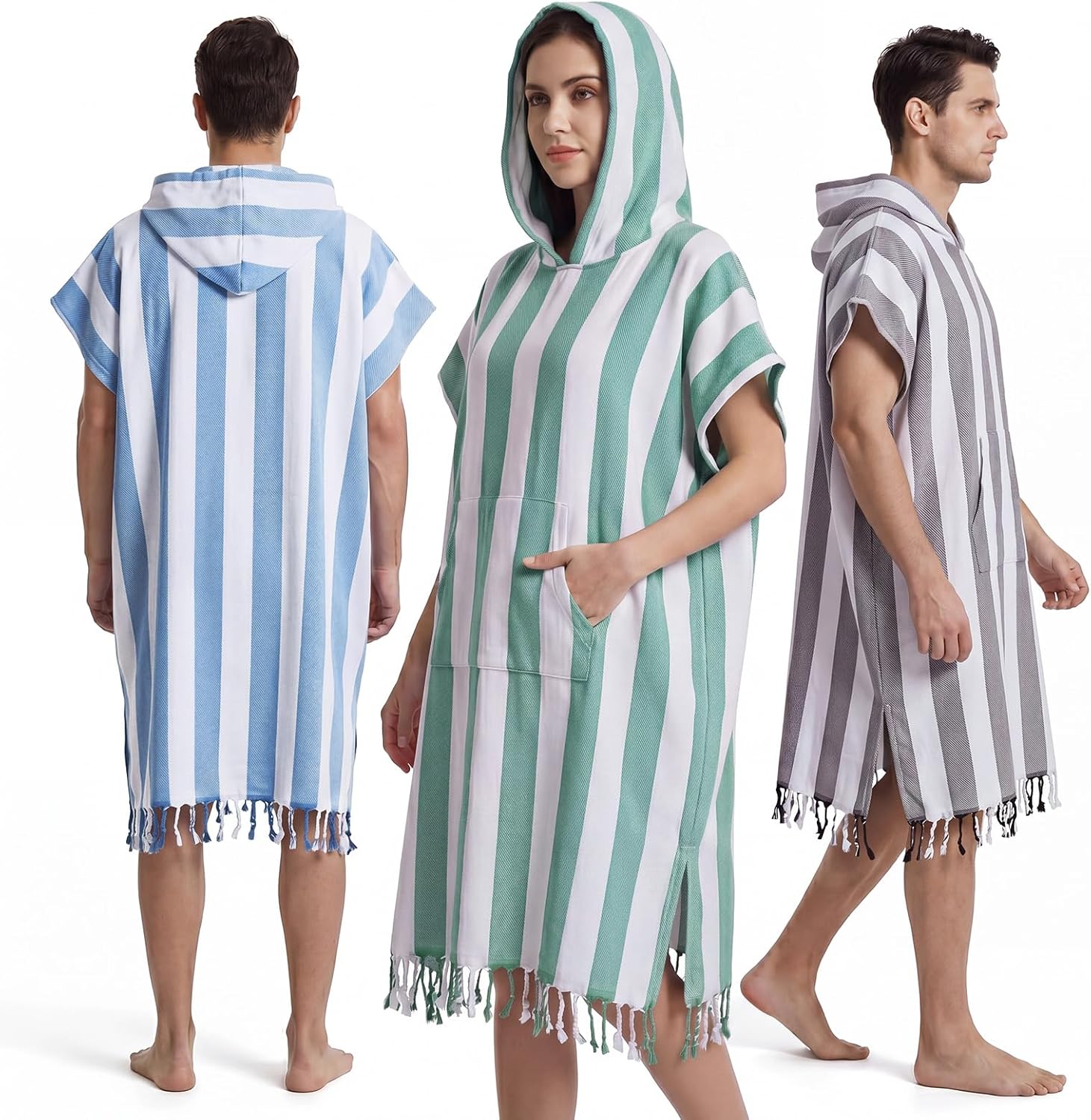 Twistover 1 Pcs Large Turkish Towel Poncho Cotton Surf Poncho 47 x 71 Inch Beach Cover up Hooded Changing Towels Wearable Towel Swim Robe with Pocket for Adult Men Women Beach Pool (Blue)