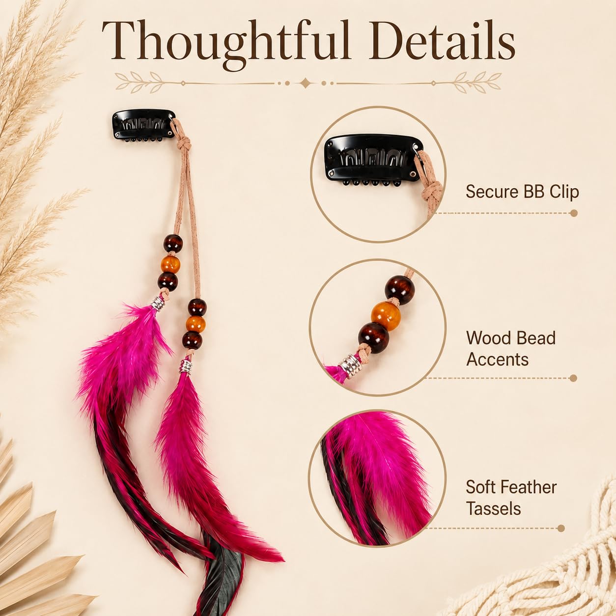 3 PCS Pink Feathers Hair Clips, Boho Long Tassel Barrettes image 5