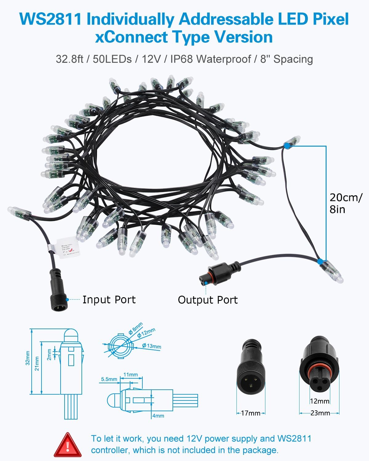 Detailed diagram of ALITOVE WS2811 LED pixel string with dimensions and xConnect ports