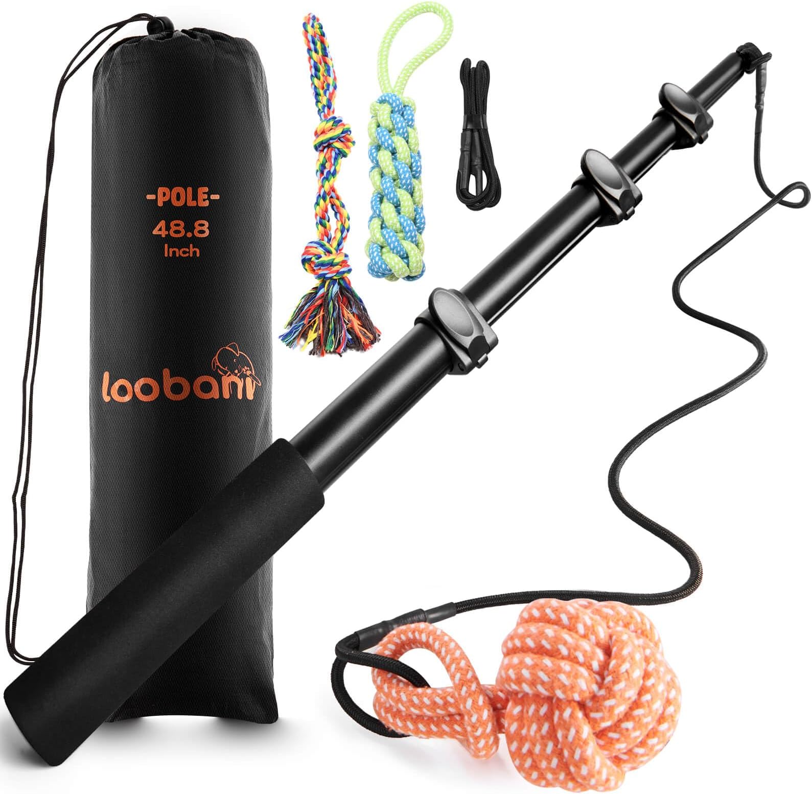 LOOBANI Flirt Pole for Dogs Chase and Tug of War, Dog Flirt Pole with Detachable Interactive Toys,Extendable Teaser Wand Flirt Stick Pole for Medium Dogs Training,Playing and Exercise, Pole 48.8in