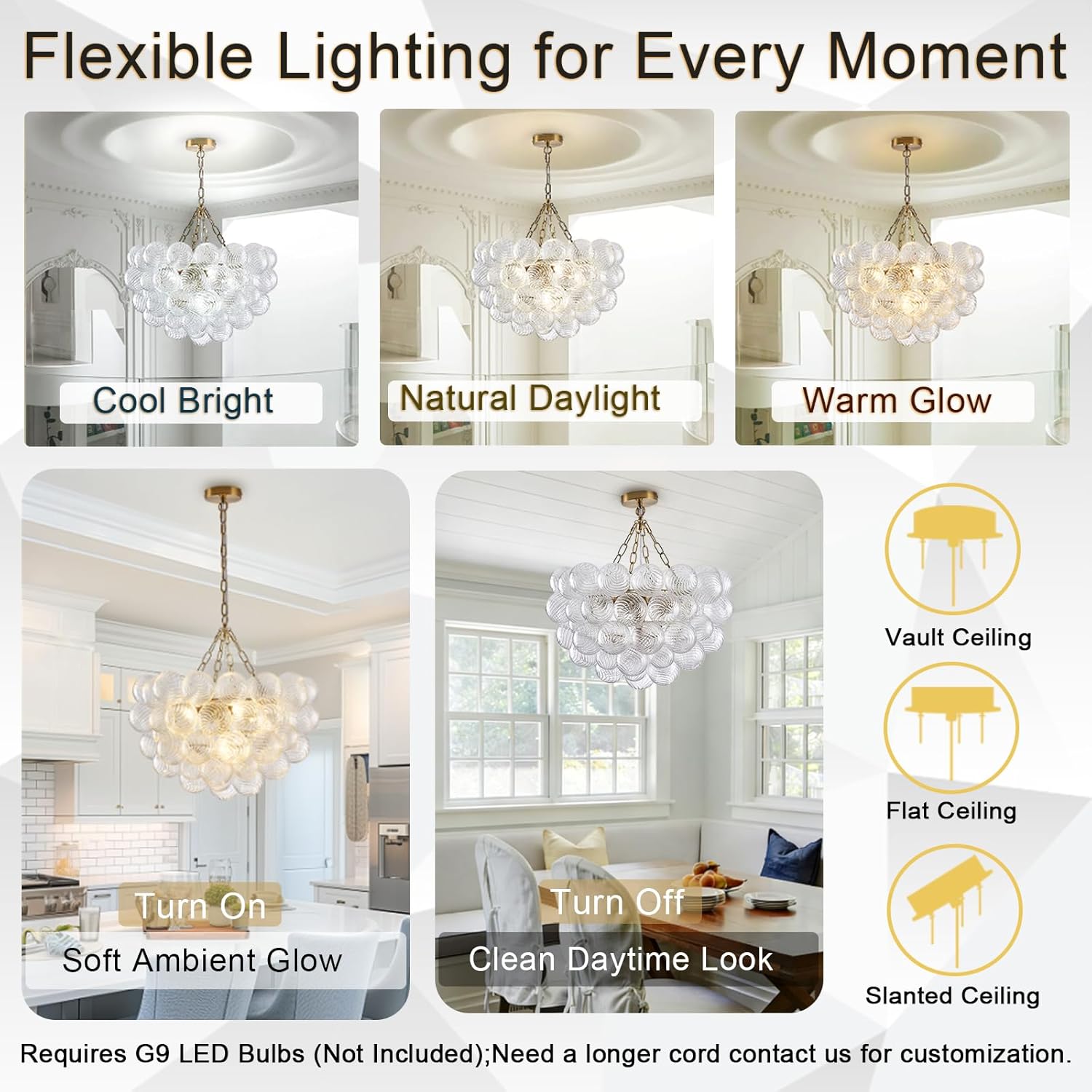 Dia 24" Bubble Chandelier, 5-Light Clear Hand Blown Glass Chandelier Gold Brass Chandeliers for Living Room Globe Ball Modern Chandeliers for Dining Room Foyer Bedroom Entry(G9 LED Bulb Base)