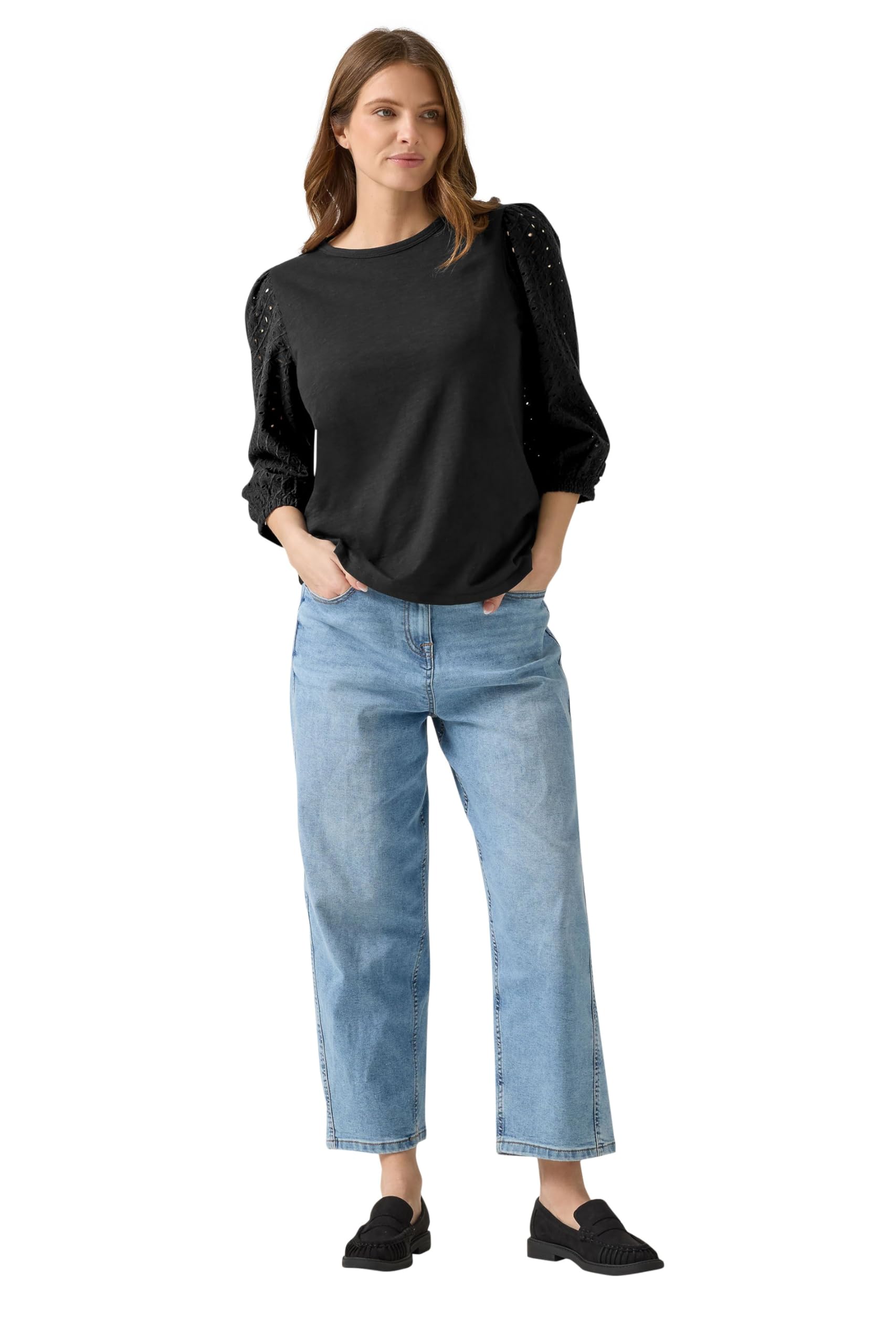 M&Co Women's Black Broderie Cotton Puff Sleeve Top