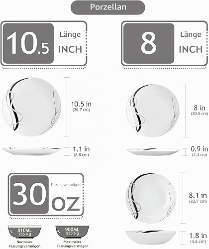 VEWEET Serie FIONA Set di Piatti per 6 Persone in Porcellana, 18 Pezzi con 6 Piatti Piani, 6 Piatti da Dessert e 6 Ciotole da Portata Individuali, Bianco con Motivo Linee Nere e Argento, Rotondo - 2