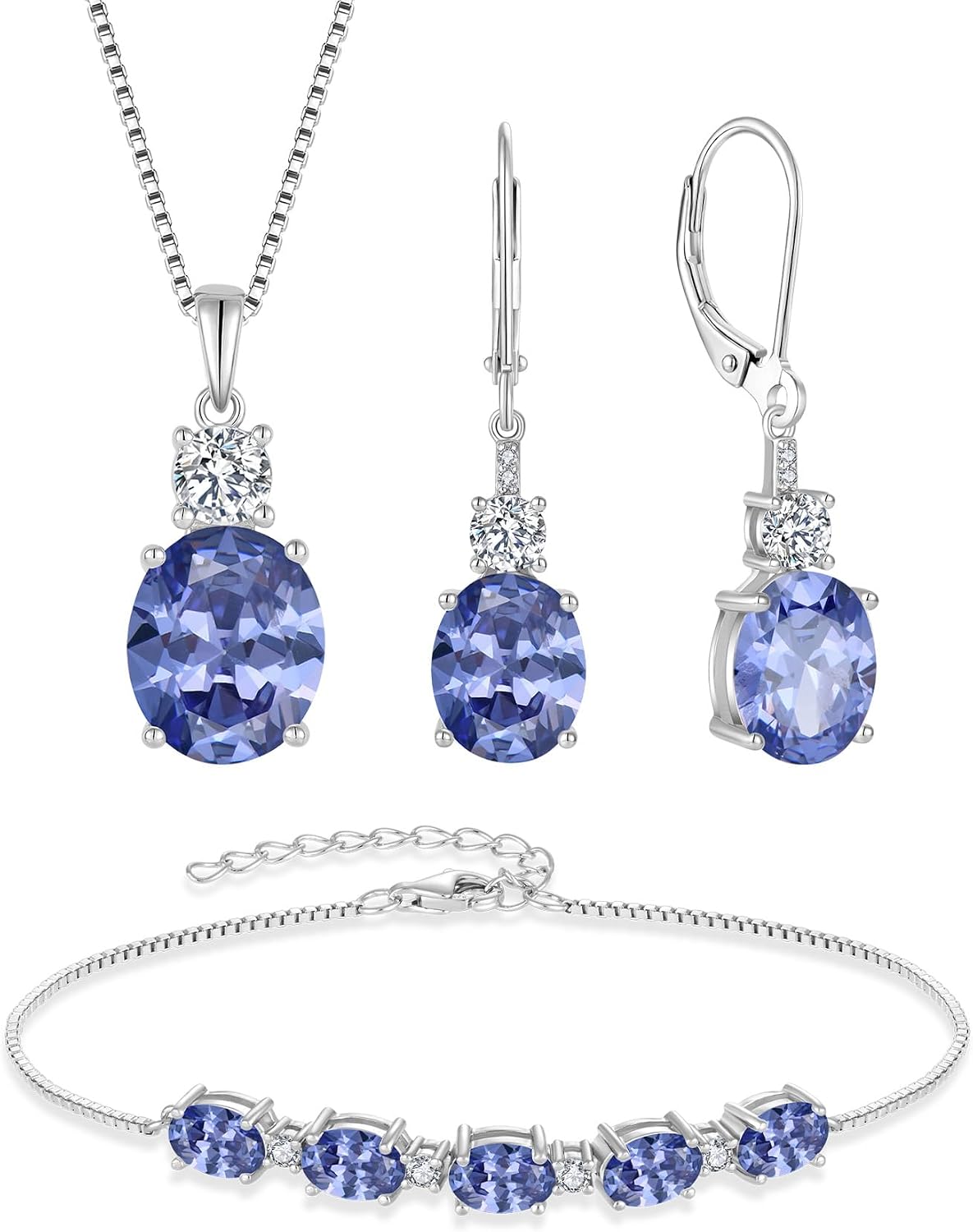 Tanzanite Jewelry Set for Women 925 Sterling Silver Oval Cut Necklace Earrings Bracelet December Birthstone Jewelry for Her