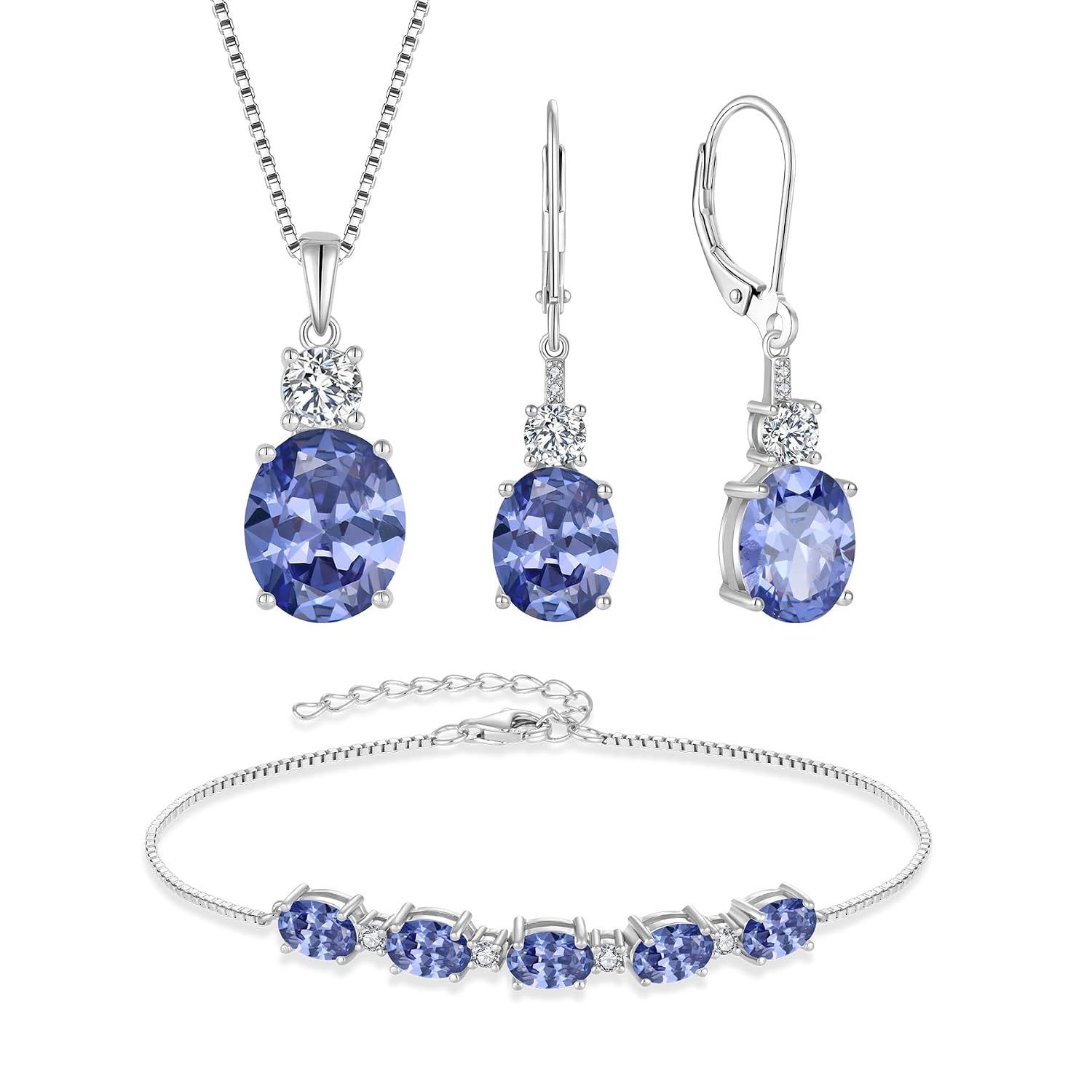 Tanzanite Jewelry Set for Women 925 Sterling Silver Oval Cut Necklace Earrings Bracelet December Birthstone Jewelry for Her