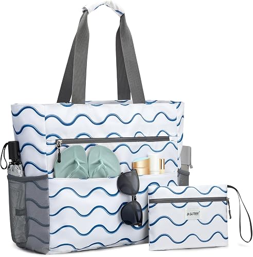 G4Free Large Beach Bag for Women Waterproof Sandproof Beach Tote Bag with Makeup Bag Zipper Pocket(Wavy Stripes)