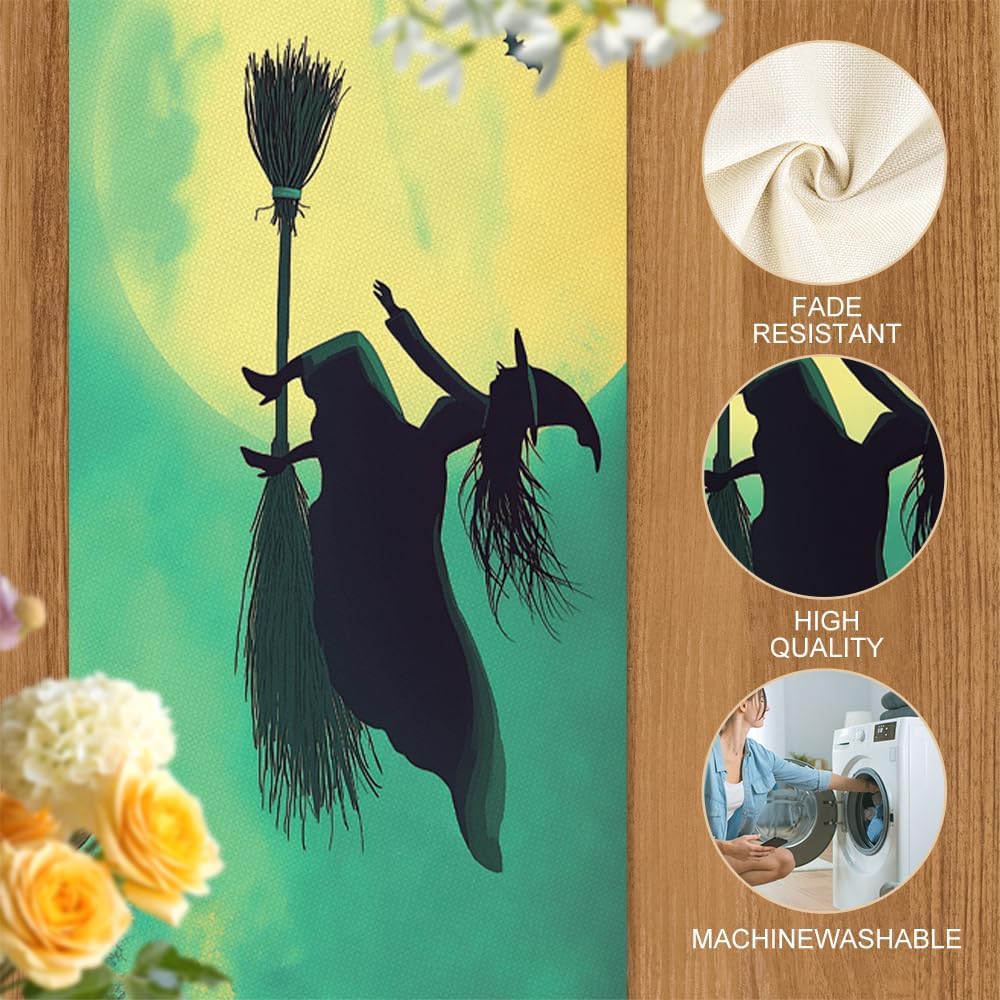 ANNA QUEEN Halloween Table Runner 13x72 Inch, Witch Flying on Broom, Bats, Full Moon & Pumpkin Design, Spooky Table Decoration for Halloween Party, Dining Table, Fireplace, and Home Decor