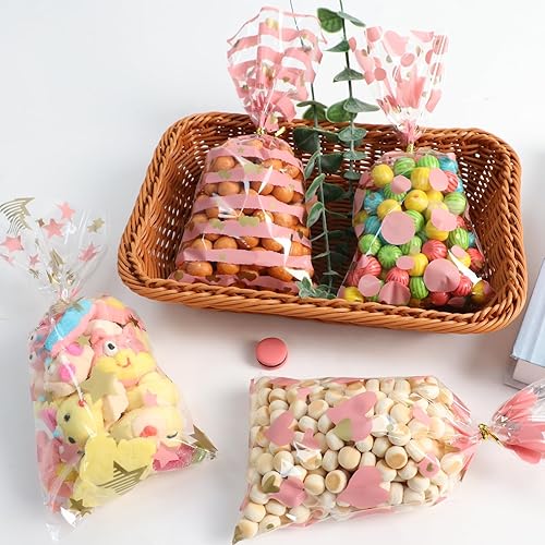 Miniatura 6 de COQOFA 100 bolsas de regalo de celofán de color oro rosa de 5 x 11 pulgadas, bolsas de regalo de fiesta, bolsas transparentes para dulces, bolsas de