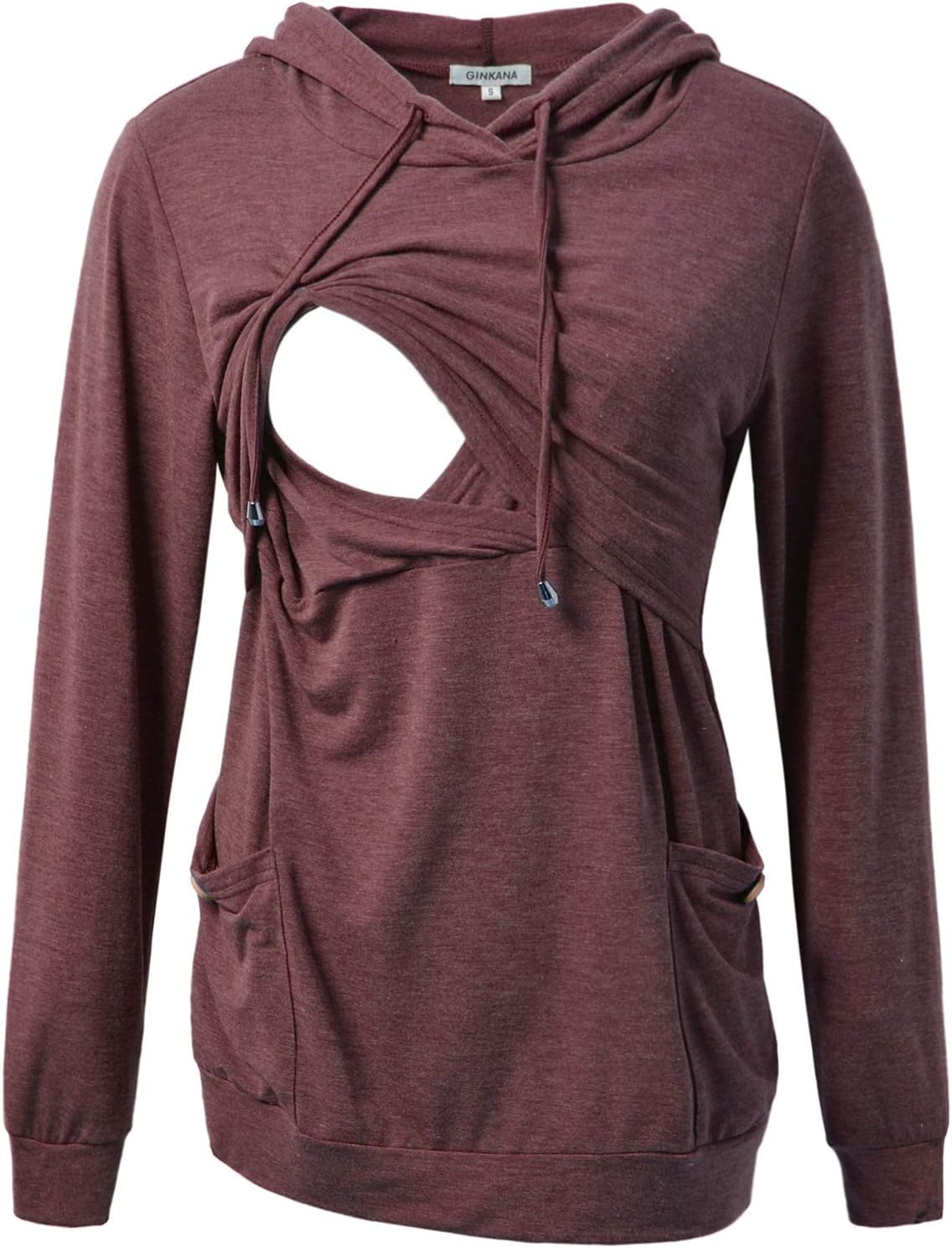 GINKANANursing Hoodie Long Sleeves Shirts Casual Top Sweatshirt with Button Decoration Pockets,Maroon,M