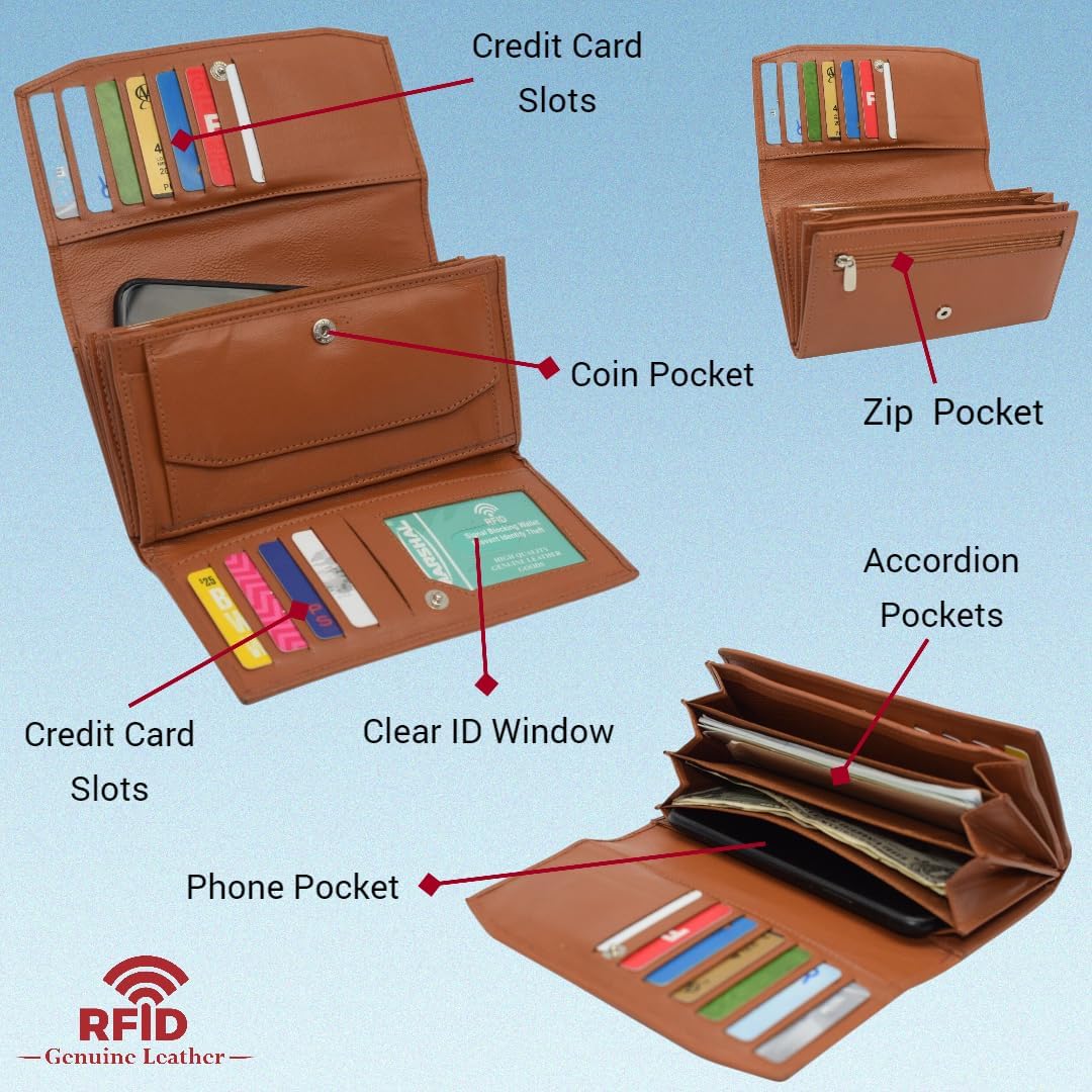 MARSHAL Womens Large Capacity Genuine Leather RFID Blocking Cellphone Clutch Wallet Accordion Card Holder Organizer Purse (Tan)