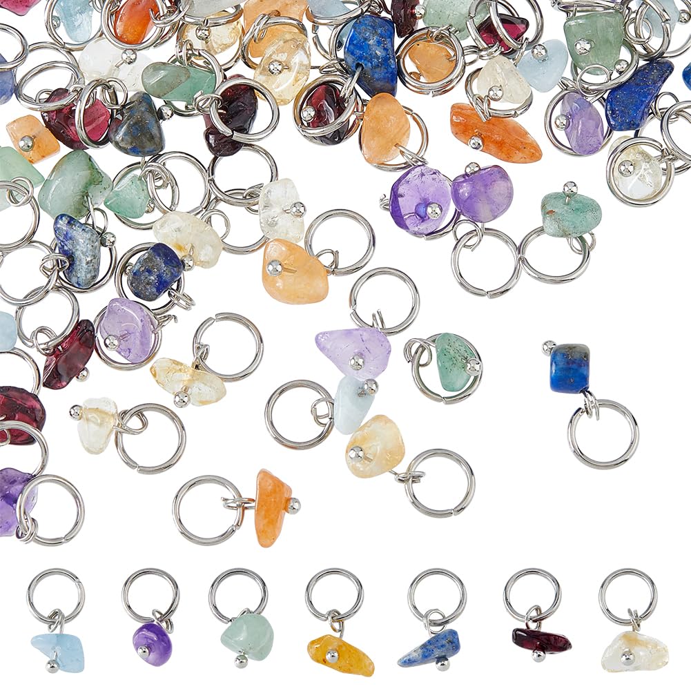 SUPERFINDINGS 84Pcs 7 Colors Natural Stone Pendants Mixed Gemstone Charms with Silver Stainless Steel Jump Ring Mixed Color Dangle Charms for Earring Necklace Bracelet Jewelry Making 14mm