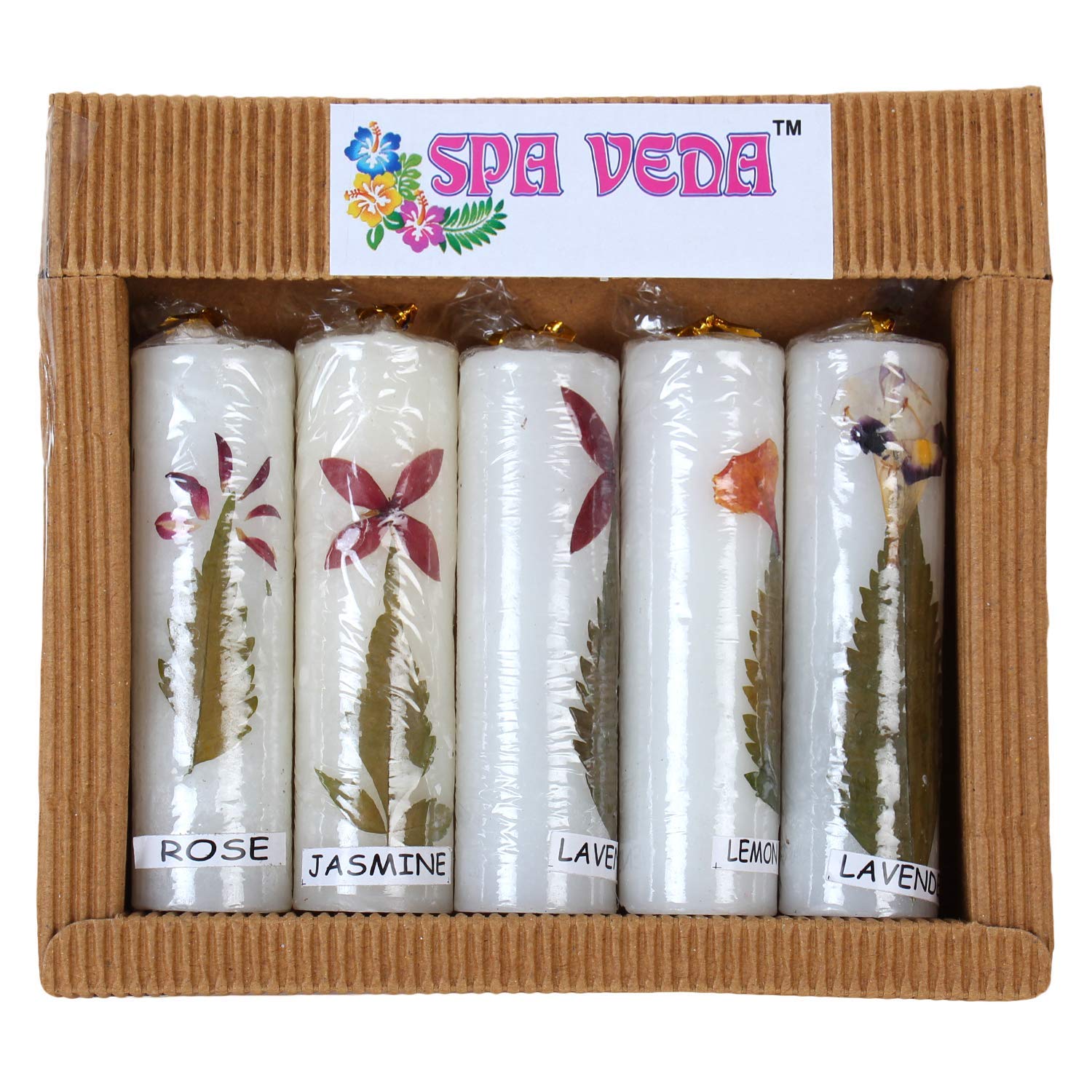 SPA Veda Scented Wax Candles with Flower Decoration, Pack of 5