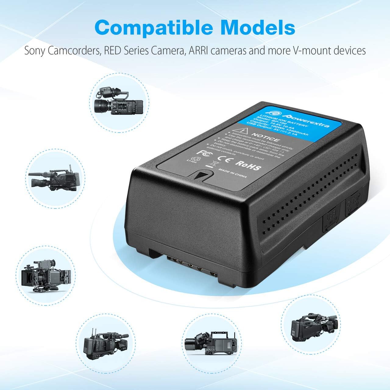 Powerextra 190Wh(13400mAh) V Mount V-Lock Battery with D-tap Output Cable and D-Tap Charger Compatible Video Camera Camcorder Broadcast LED Light : Electronics
