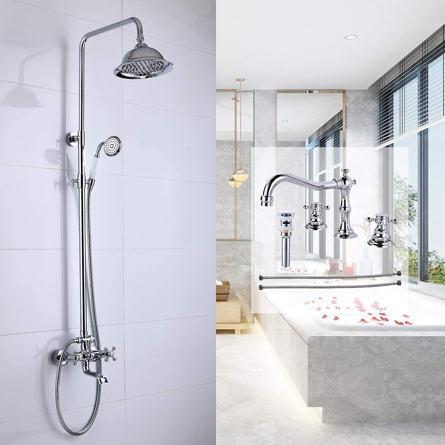 Chrome Polished Shower Fixture 8 Inch Rainfall Shower Head with Handheld Spray 3 Functions Shower Combo Set Wall Mount with Matching Chrome Polished Widespread Bathtub Faucet Three Hole Deck Mount