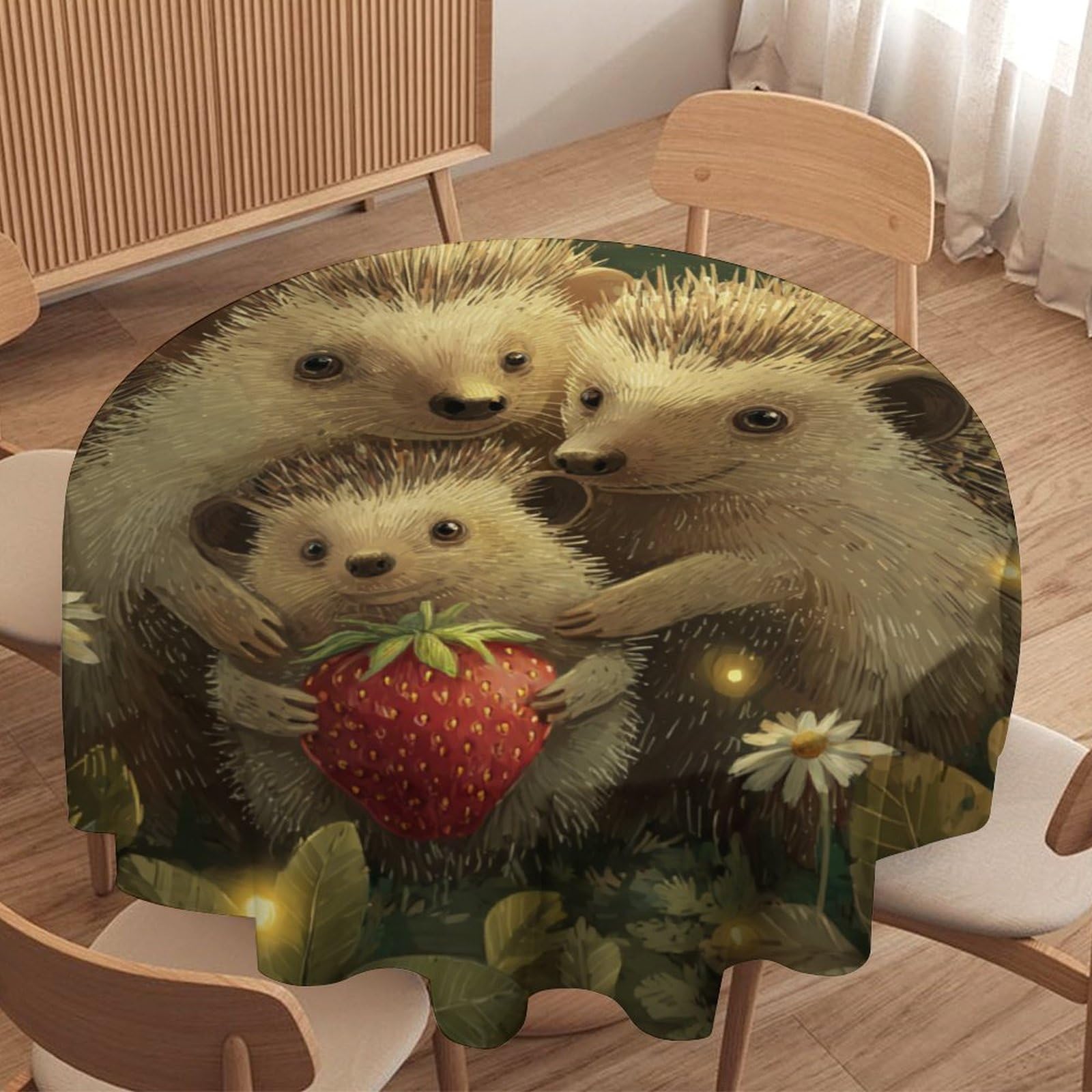 LUYYSKY Fantasy Colorful Cute Hedgehog Round Tablecloth Retro Oil Cartoon Spring Forest Daisies Flowers Animals Hedgehogs Patt Washable Decor for Table Cover for Kitchen-177.8" Wx177.8 L cm