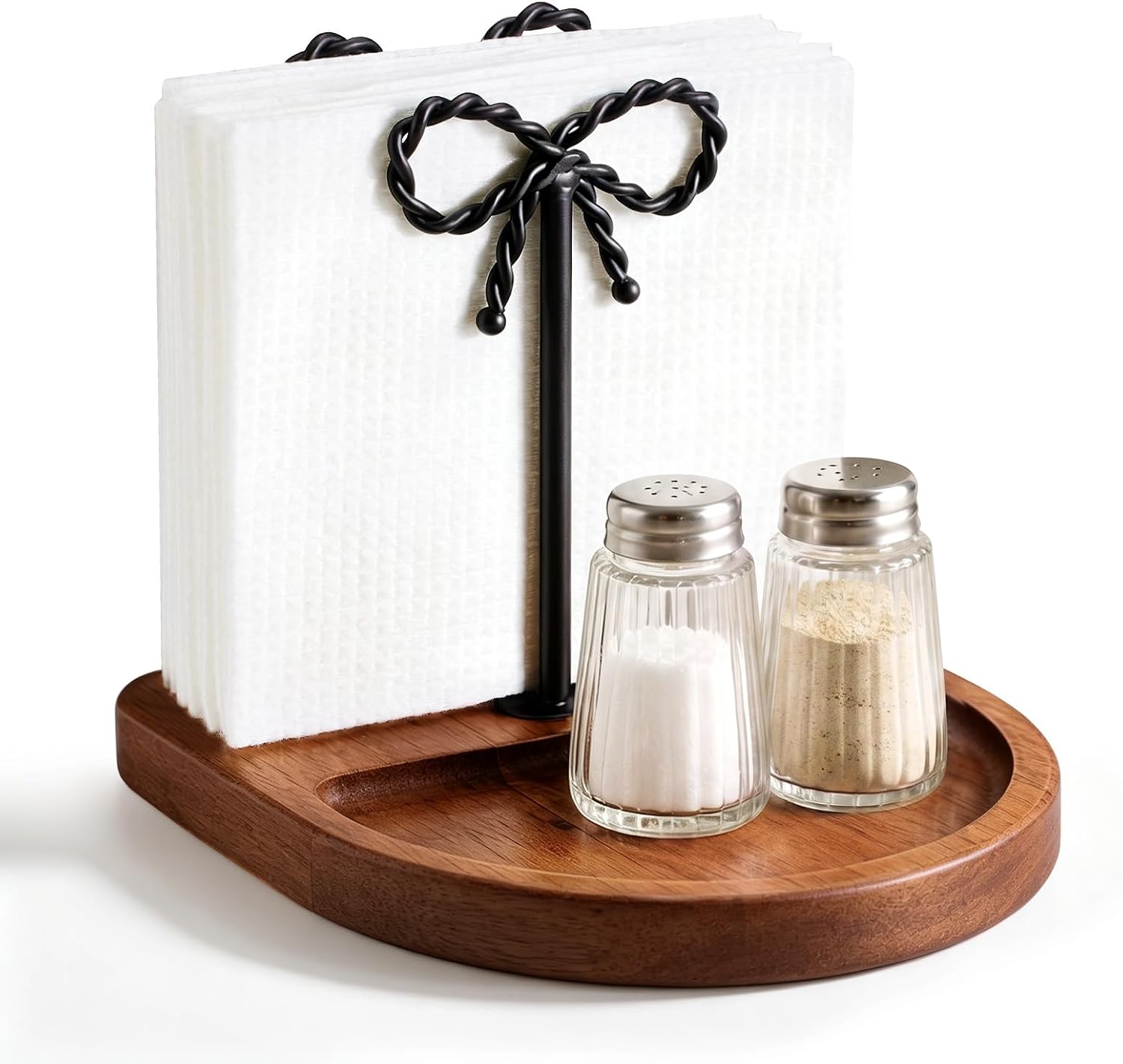 Wood Napkin Holder for Table,Twisted Bow Iron With Dual Storage