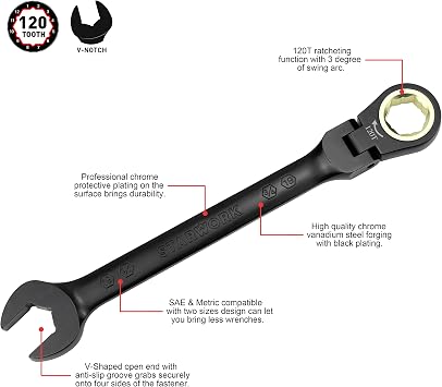 STARWORK True Mechanic™ 7Pc. 120T SAE&Metric Flexible Ratcheting Wrench Set, Professional, with Roll-Up Pouch Bag