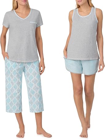 Carole Hochman Womens 4-Piece 100% Cotton Pajama Set V-Neck T-Shirt, Tank, Capri Pants & Shorts with Drawstring & Pockets