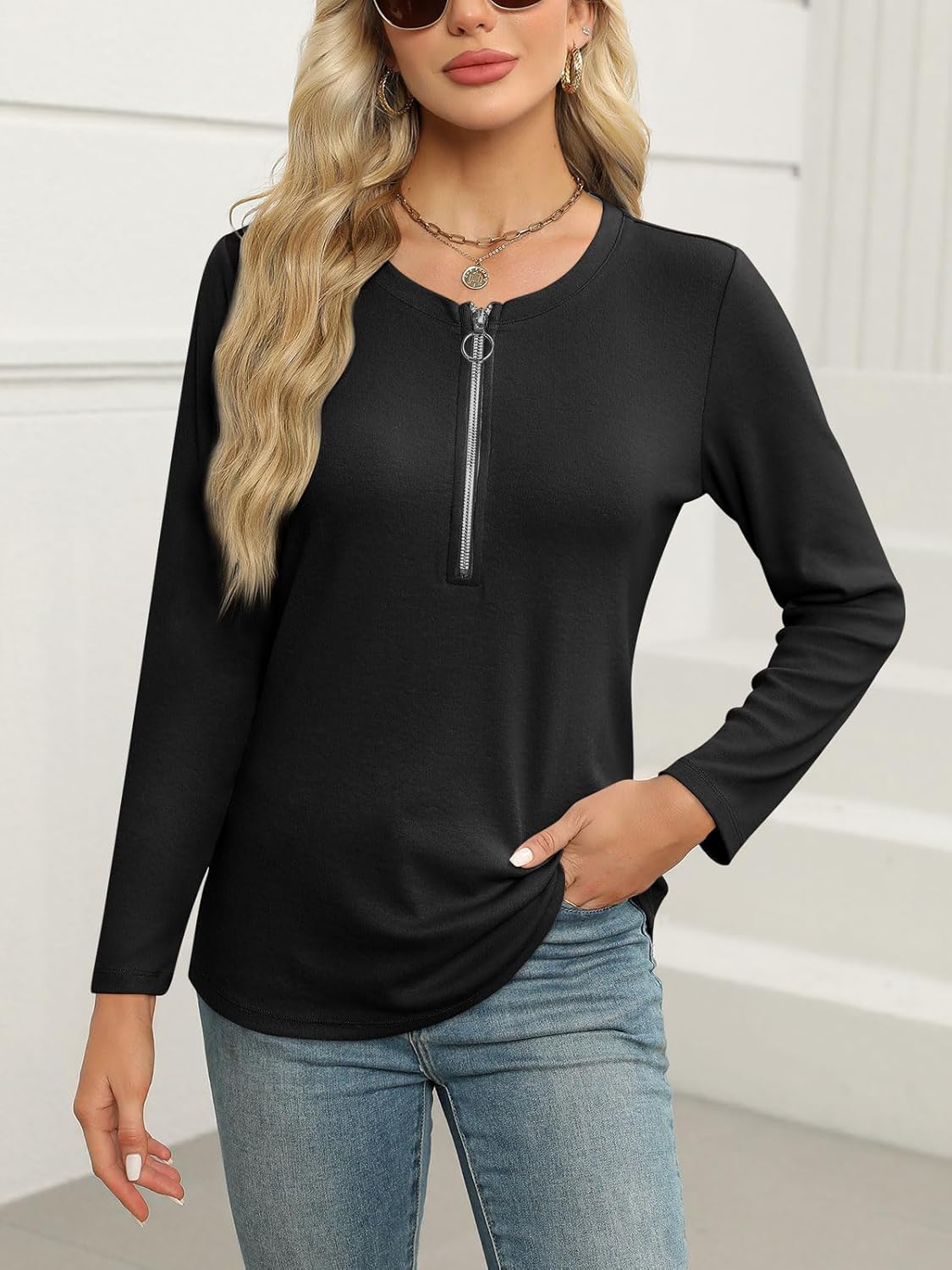 Women's Long Sleeve Shirts Zipper Color Block V Neck Tunic Tops Casual Blouse - Image 3