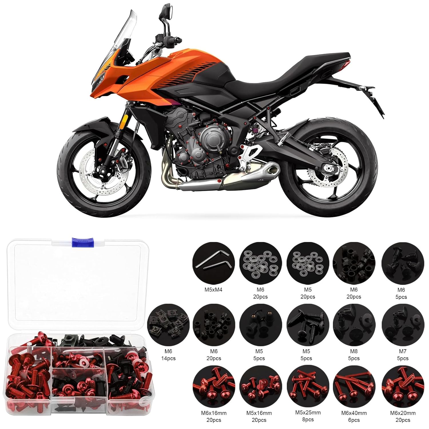 Windance 195pcs Motorcycle Fairing Bolt Kit,Stainless Steel Screws Fasteners, M5 M6 Washers Nuts Screws Clips Fairing Bolts Nut Clips Kit Fit for Yamaha Honda Kawasaki Suzuki BMW (Red)