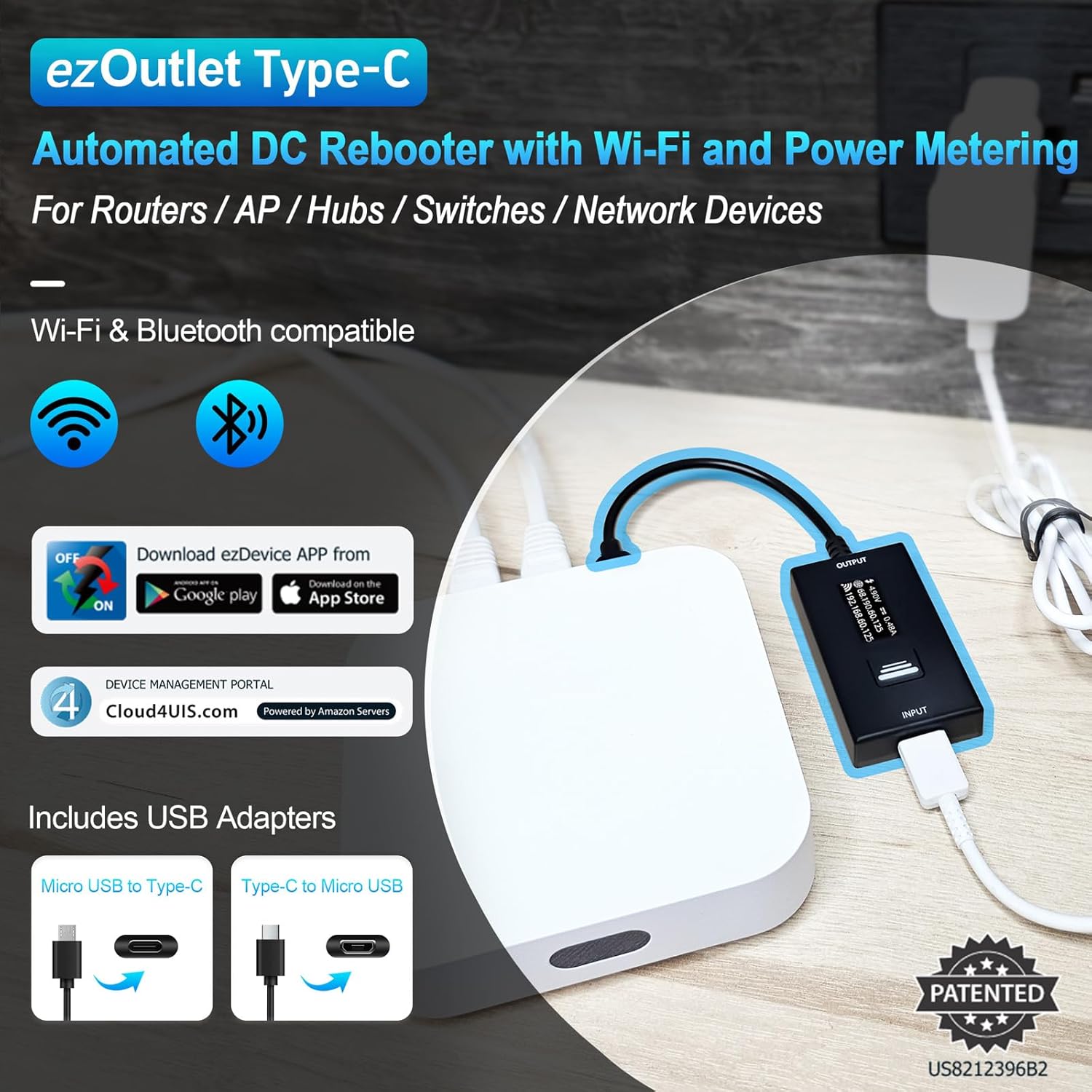 ezOutlet Automatic Router Rebooter Wi-Fi IP Enabled Remote DC Power Switch (USB Type-C Plug) with Auto Reboot, Integrated Power Metering, Manage via Free APP & Cloud (Scalable).