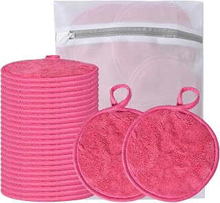 Large Reusable Makeup Remover Pads Face Cleaning Pad 5"x 5" Pink 24 Pack | Round Washable Makeup Remover Cloth, with Laundry Bag, Ultra Soft for All Skin Type