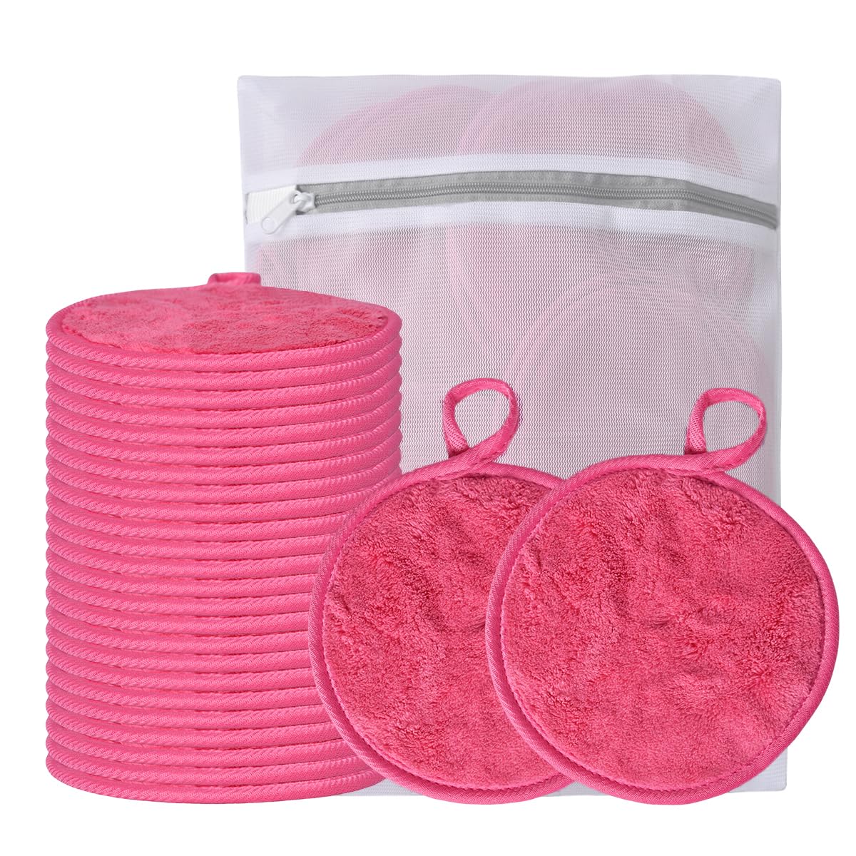 Large Reusable Makeup Remover Pads for Face, Soft Microfiber Makeup Remover Cloths Washable, Premiun 5 INCH Face Cleaning Pad with Laundry Bag, 24 Pack Pink