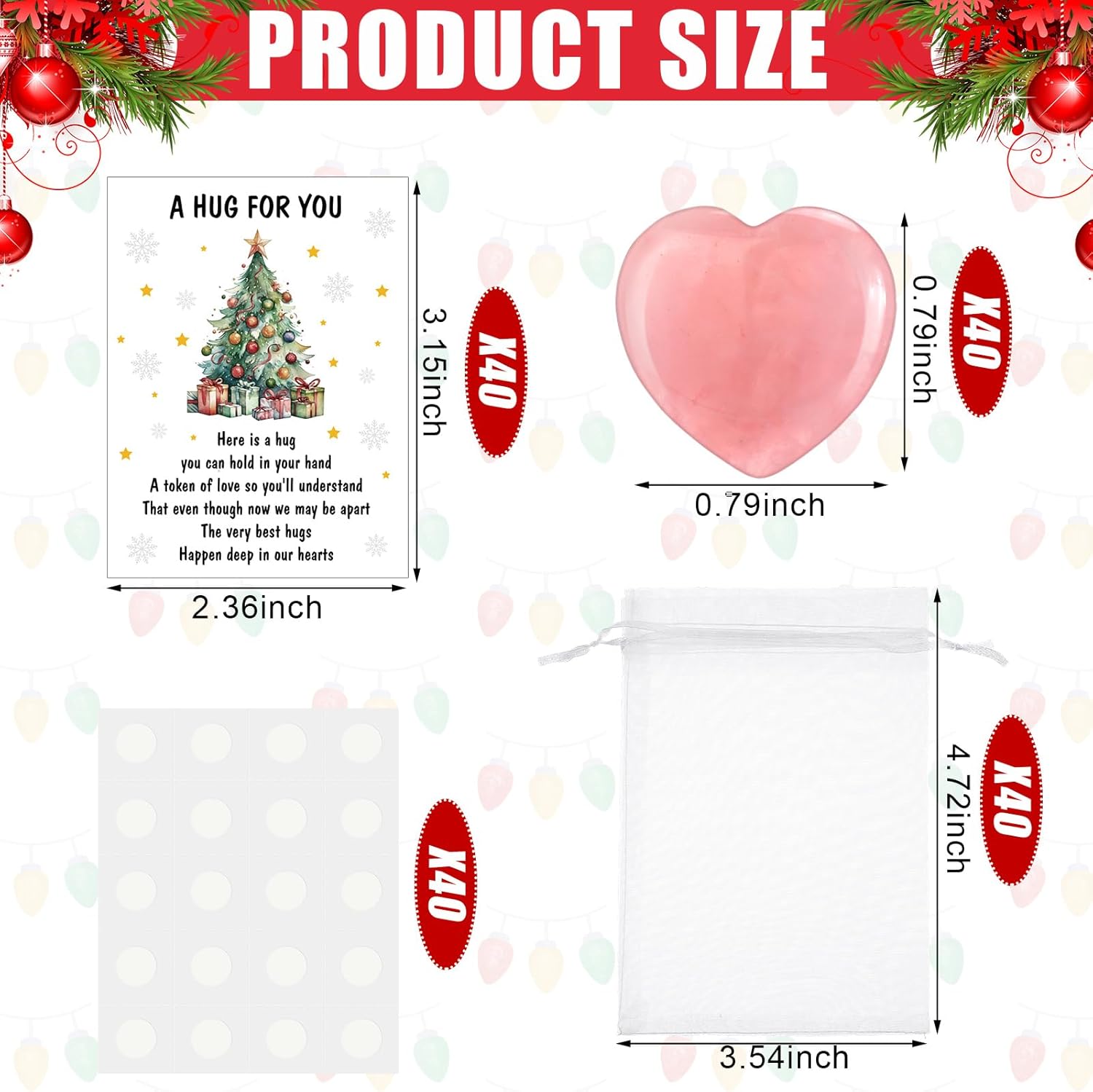 Nuanchu 40 Set Christmas Pocket Hug Token Gift Bulk Christmas Hug Cards with Heart Shape Natural Stones and Organza Bags Xmas Gift Sets for Coworkers Students Classroom Holiday Party Favor