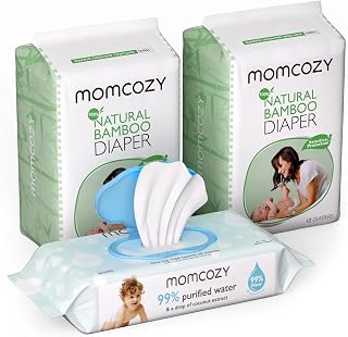 Momcozy Diapers and Wipes Kit, Mini Size Resealable Package Disposable Diapers Size 3(12 ct/Pack*2 Pack) and Water Wipes(60 ct/Pack), Bamboo Diapers Hypoallergenic for Sensitive Skin