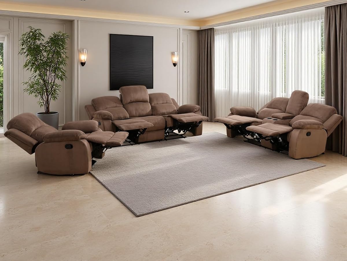 Juego de sofá reclinable de tela, juego de sofá reclinable manual, juego de muebles de sala de estar, moderno juego de sofá reclinable con portavasos/consola de almacenamiento/mesa desplegable para el hogar/oficina (chocolate, juego de 3 piezas)