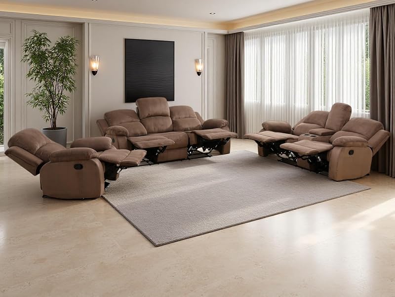 Juego de sofá reclinable de tela, juego de sofá reclinable manual, juego de muebles de sala de estar, moderno juego de sofá reclinable con portavasos/consola de almacenamiento/mesa desplegable para el hogar/oficina (chocolate, juego de 3 piezas)