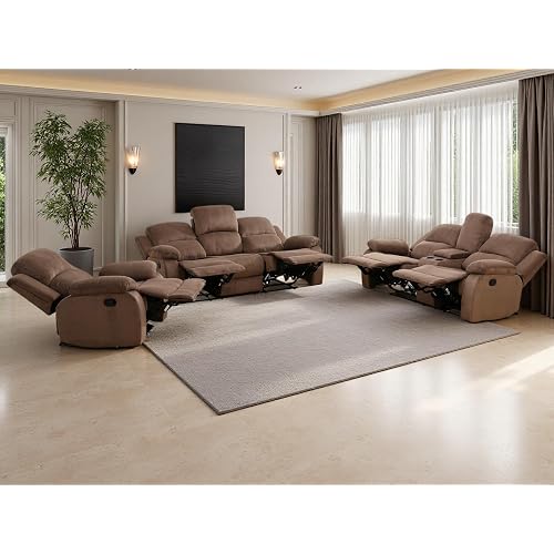 Fabric Recliner Sofa Set Manual Reclining Sofa Set Living Room Furniture Sets Modern Reclining Couch Set with Cup Holders/Storage Console/Drop Down Table for Home/Office (Chocolate, 3PCS Set)