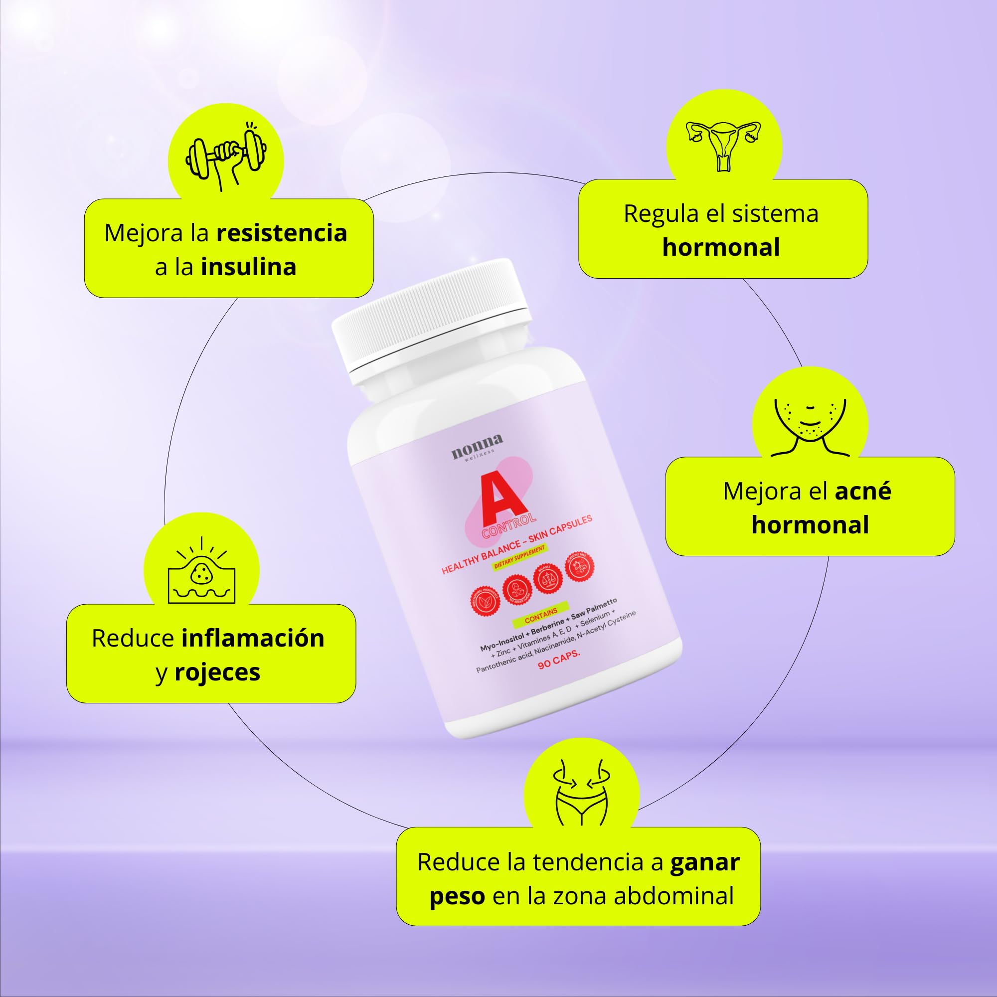 Myo-Inositol + Zinc + Berberina - 11 Activos - Trata el Acné Hormonal | Equilibrio Hormonal Femenino - para Ciclos Irregulares y SOP - Reduce Caída del Cabello - 90 cápsulas | Nonna Cosmetics