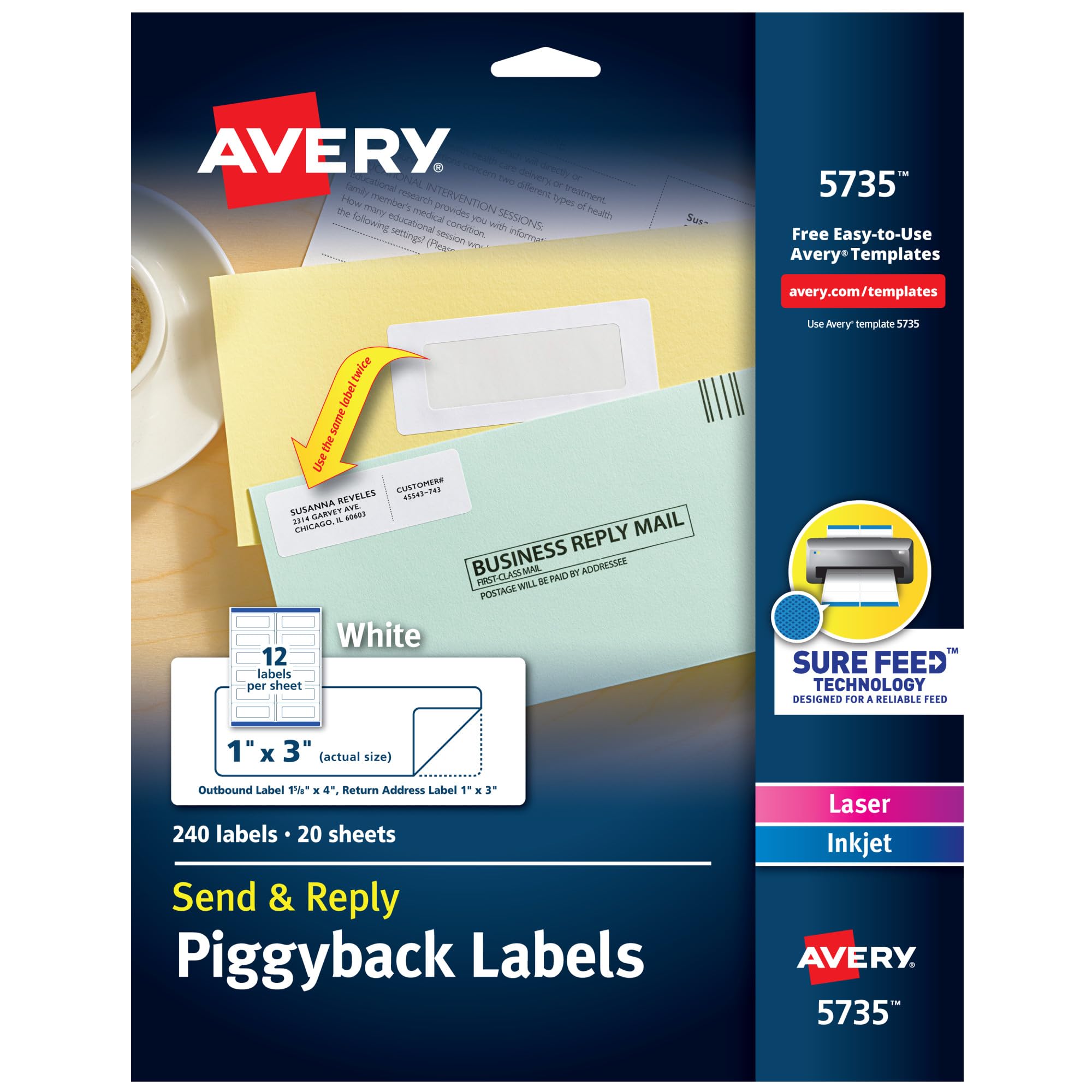 Avery Send & Reply Piggyback Mailing Labels 0, 1" x 3", Pack of 240 (5735)