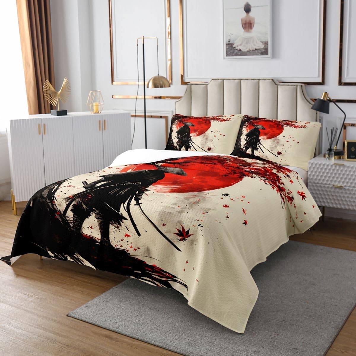 jejeloiu Japanese Samurai Bedspread Quilts Ukiyoe Coverlet Set Twin Size for Kids Boys Girls Warrior Bushido Quilted Coverlet for All Season with 1 Pillowcase Red Sun Hokusai Pattern Microfiber