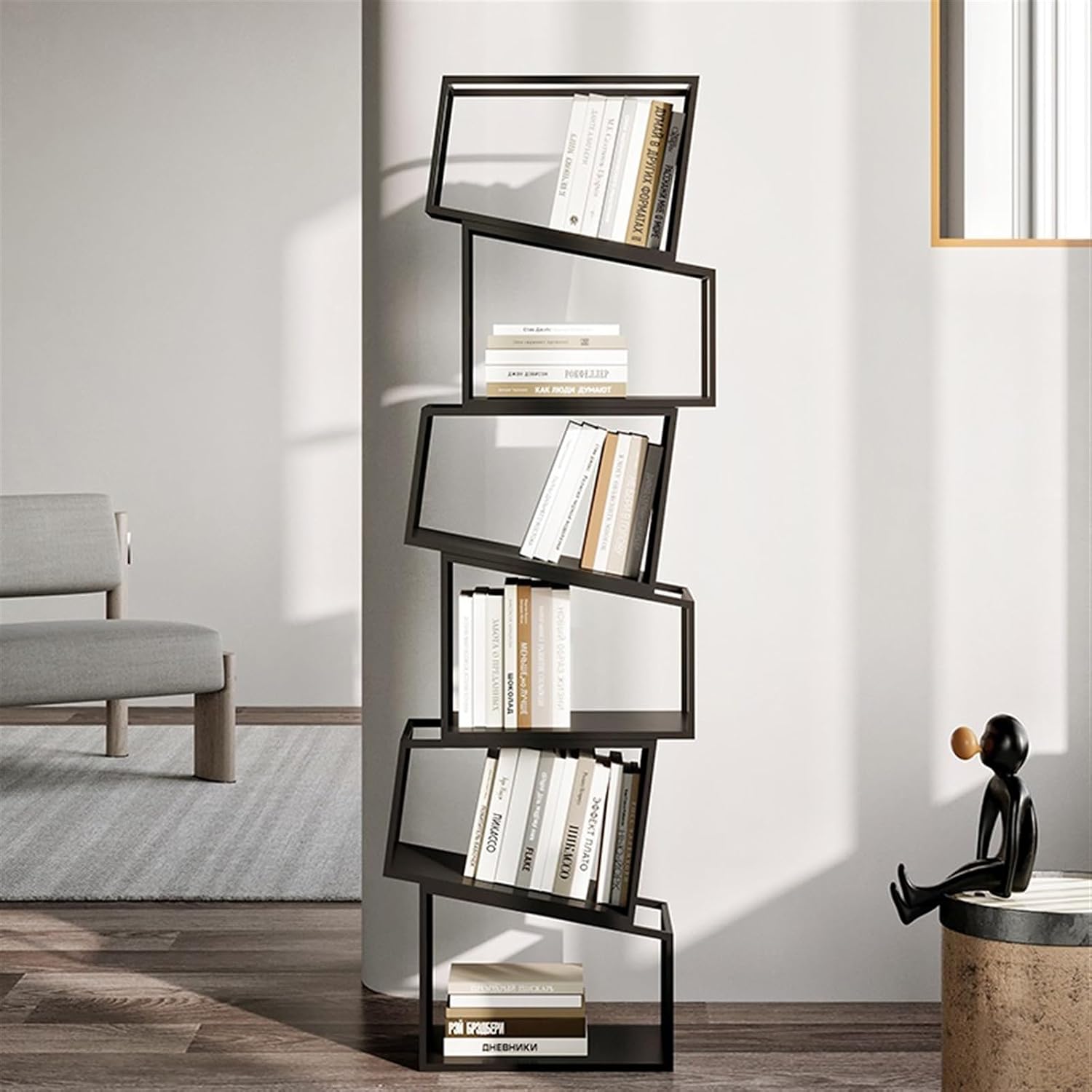 Small Bookshelf Creative Bookshelf Floor-Standing Storage Rack Living Room Corner Simple Home Bookcase Corner Bedroom Iron Storage Rack for Office, Living Room(Black,L) image 5