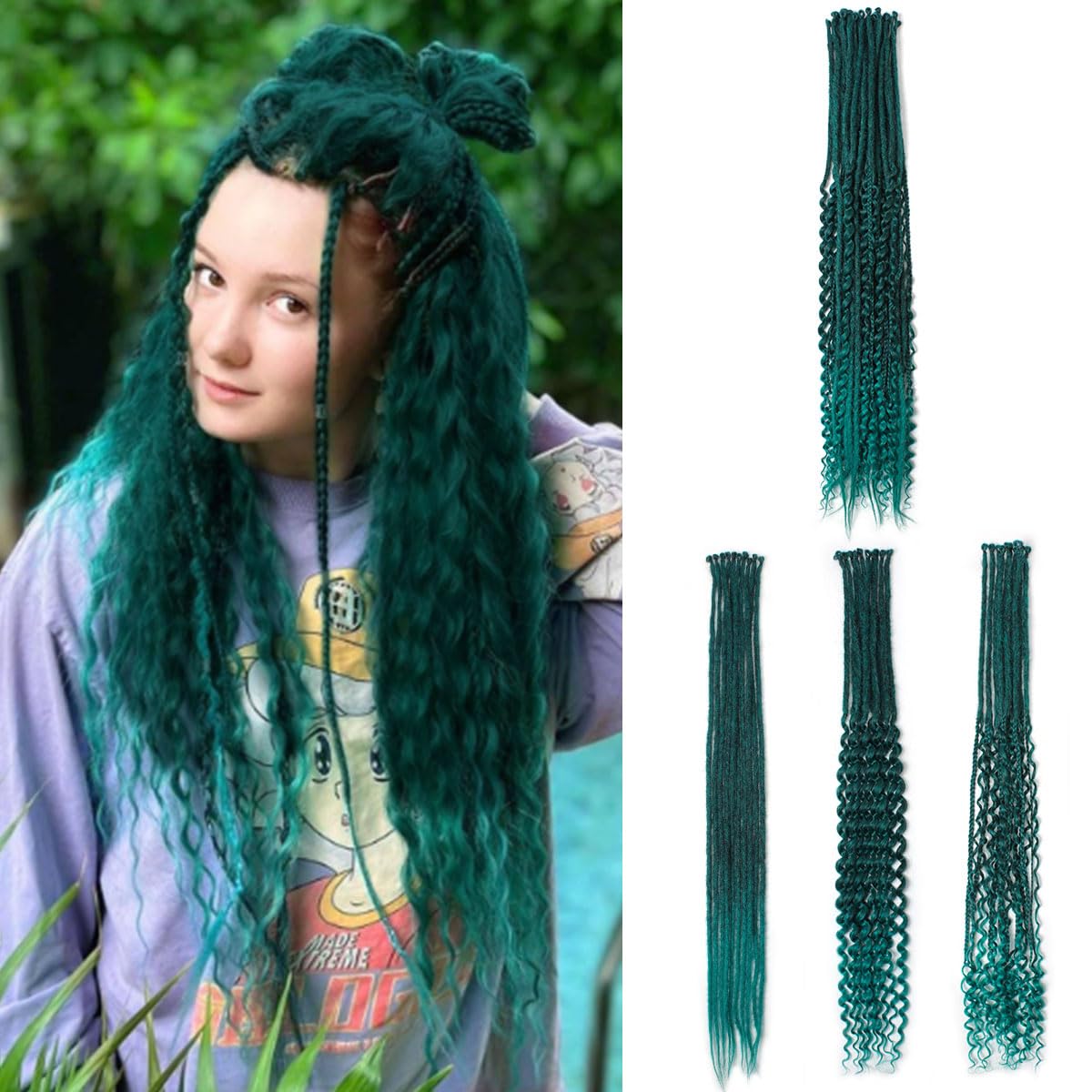 30 Inch 30 Strands SE Dreadlock Extensions,3 In 1 Mixed Synthetic Dreads Extensions,Black to Teal Green Curly&Straight&Boho Single Ended Dreads Extensions Hippie Style Dreadlock for Women Ombre Teal green 30 Inch - 30 SE Mixed
