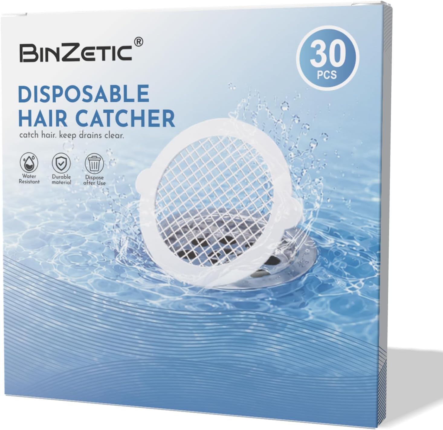 BinZetic® 30 Pack Disposable Shower Drain Hair Catcher Mesh Stickers