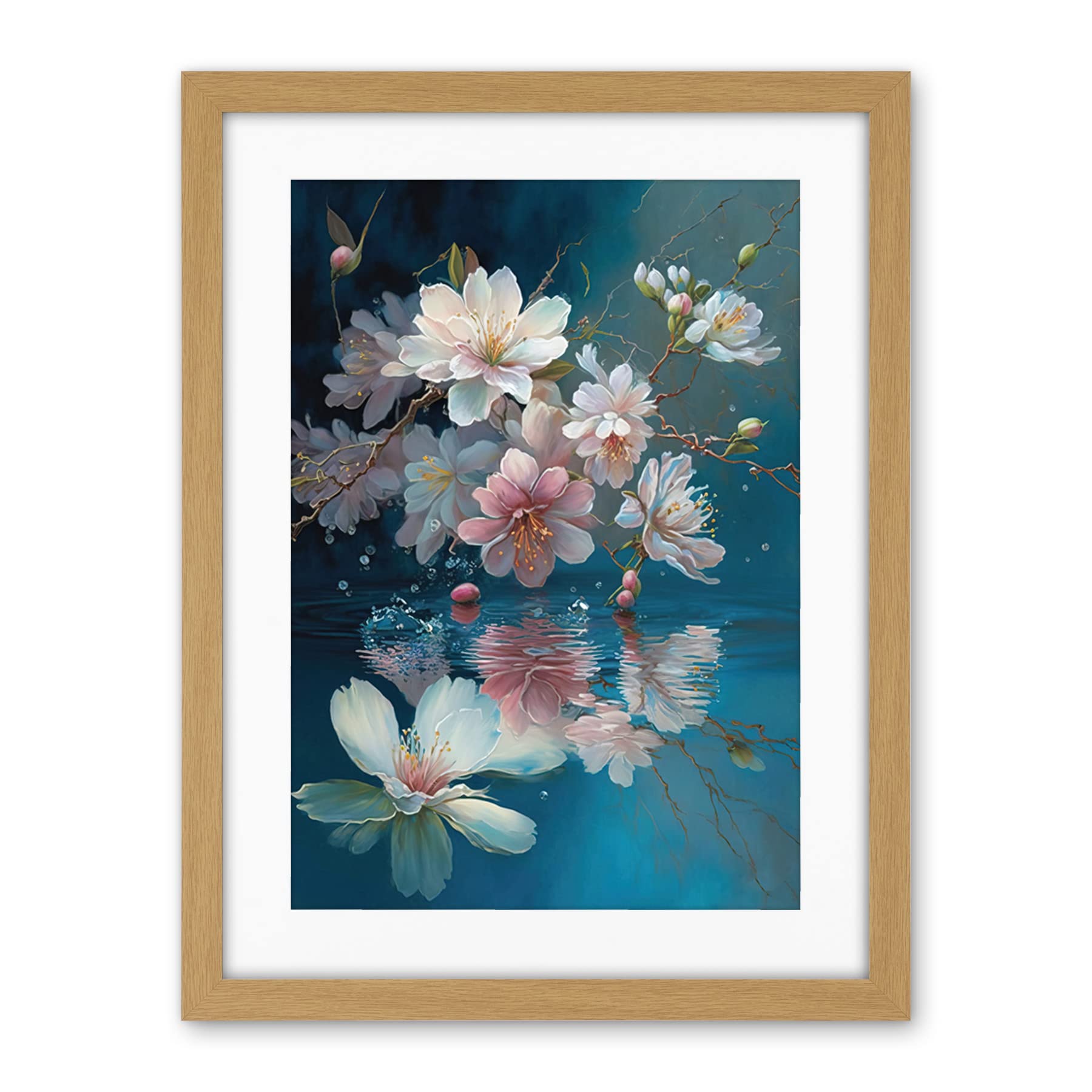 Artery8 Cherry Blossom Branch Dancing Over Water Modern Watercolour Painting Artwork Framed Wall Art Print 18X24 Inch
