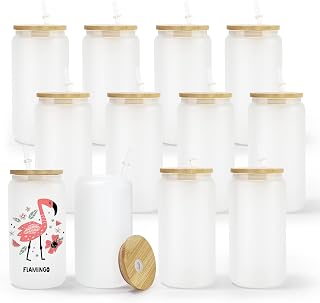 AGH Frosted 16OZ Sublimation Glass Cups with Bamboo Lids and Straws,12Pack Iced Mason Glass Jar,Can Glass Tumbler with Lids and Straws,Drinking Glass Tumbler for Iced Coffee,Whiskey,Soda,Milk,Juice.