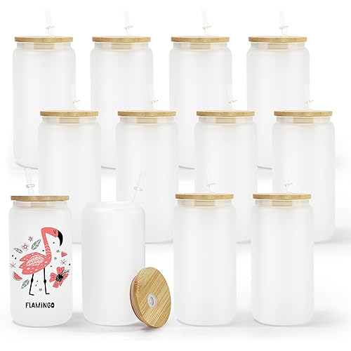 AGH Frosted 16OZ Sublimation Glass Cups with Bamboo Lids and Straws,12Pack Iced Mason Glass Jar,Can Glass Tumbler with Lids and Straws,Drinking Glass Tumbler for Iced Coffee,Whiskey,Soda,Milk,Juice.