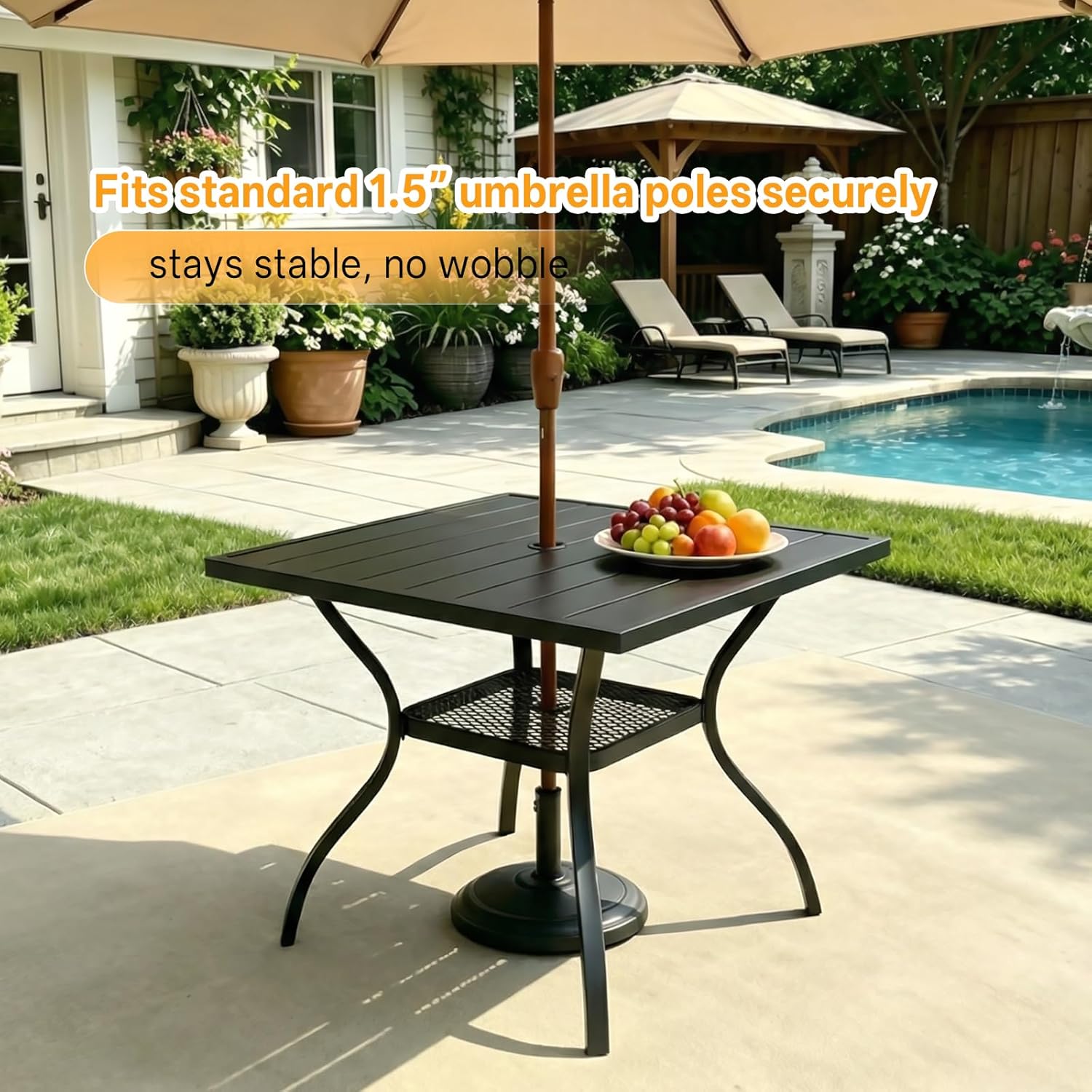 bigget 37.8" Square Outdoor Patio Dining Table for 4, All Weather Black Outdoor Dining Table with Storage Mesh Shelf & Umbrella Hole, Heavy Duty Wrought Iron Patio Coffee Table for Garden, Lawn, Deck