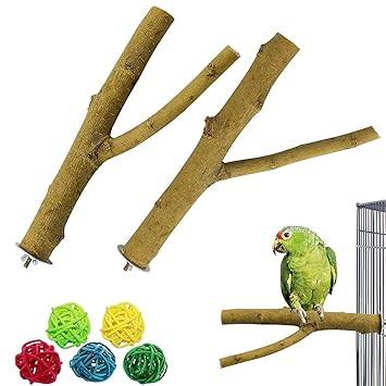 DGSL Bird Perch Stand with Rattan Balls, Natural Wood Parrot Perch Bird Cage Accessories for Parrotlets Budgies Cockatiels Parakeets Lovebirds