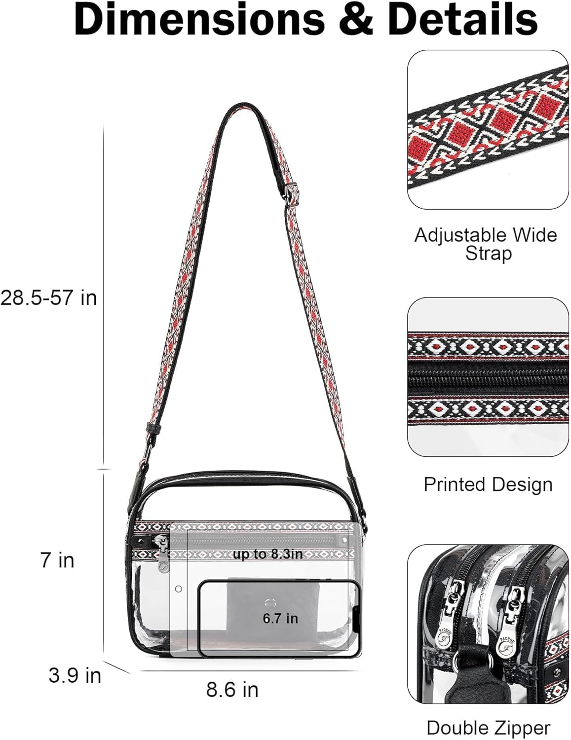FADEON Clear Stadium Bags for Women, Designer Leather Clear Crossbody Purse Large Transparent Bag with Wide Strap for Events - Image 3