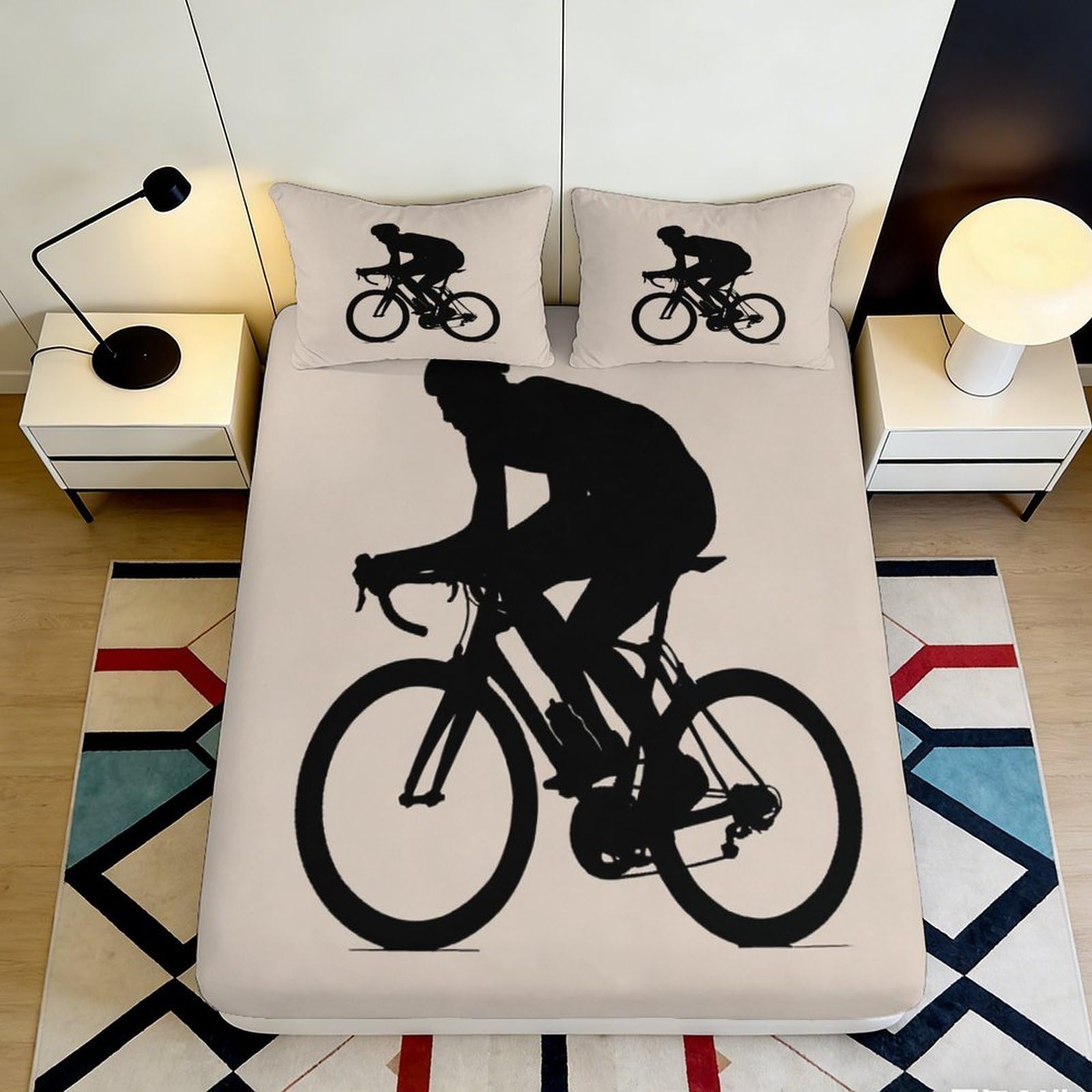 3D Printed Cycling Silhouette Fitted Sheet Microfiber Soft Breathable Bicycle Rider Bed Cover for Bedroom Dormitory Guest Room Mattress Protection 90x200x25cm